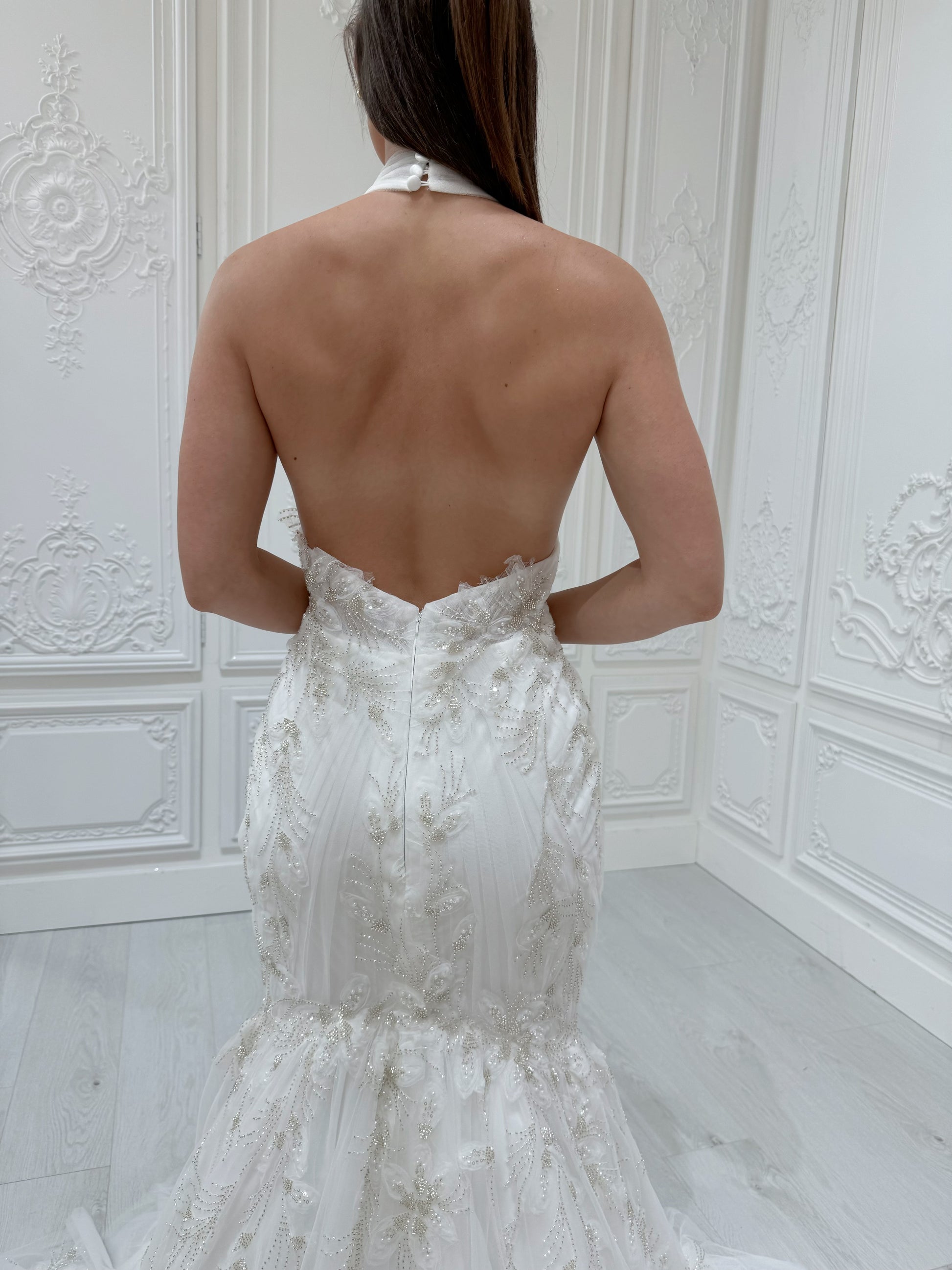 Stock Sale! Bridal size 12! Custom-made beading 3D floral lace halter neck with open back mermaid wedding dress - Ting's Bridal Collection