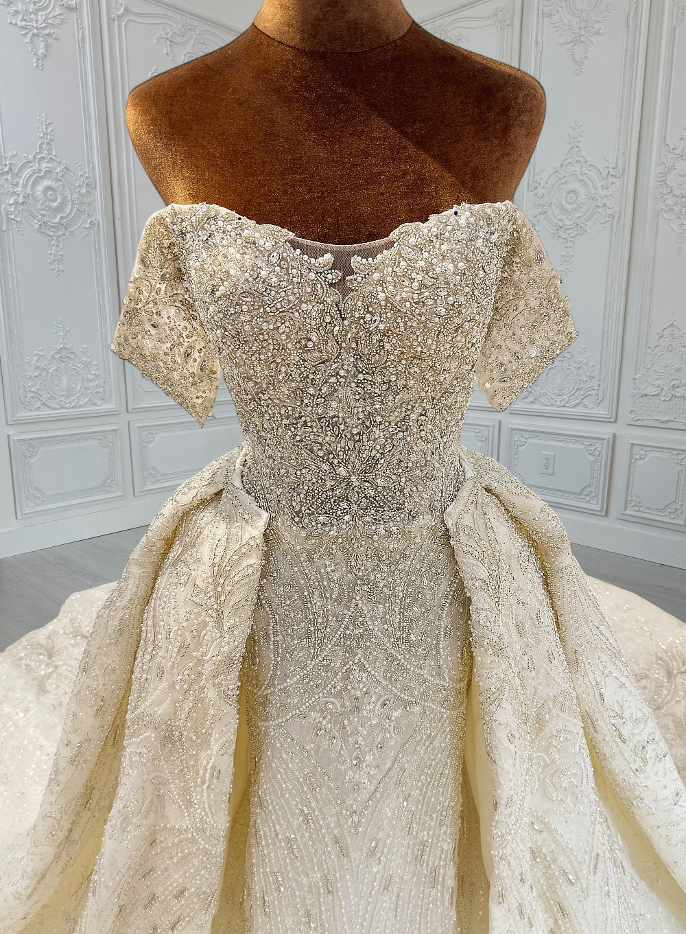 TBC-CM010  Custom-made luxury crystal beading off the shoulder 2 in 1 look trumpet and Aline wedding dress with detachable skirt