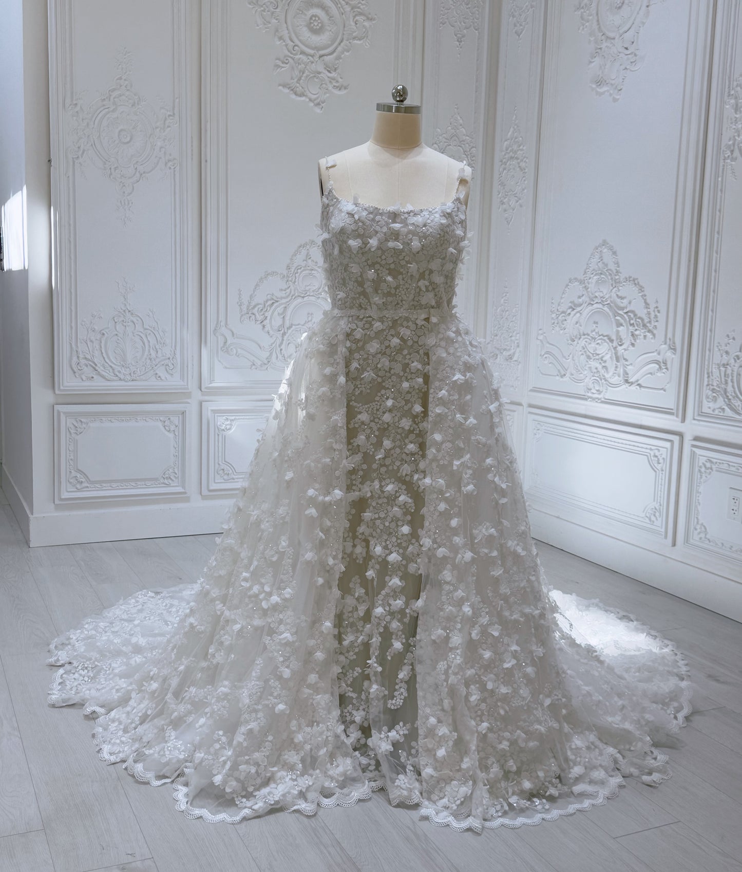 Stock Sale! Bridal size 16! Custom-made 3D floral embroidered 2 in 1 look trumpet wedding dress with detachable skirt - Ting's Bridal Collection