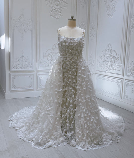 Stock Sale! Bridal size 16! Custom-made 3D floral embroidered 2 in 1 look trumpet wedding dress with detachable skirt - Ting's Bridal Collection