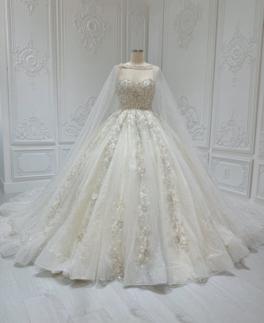 Stock Clearance! Bridal Size 12! Champagne color sparkling 3D floral lace princess ballgown fairy wedding dress with detachable cape