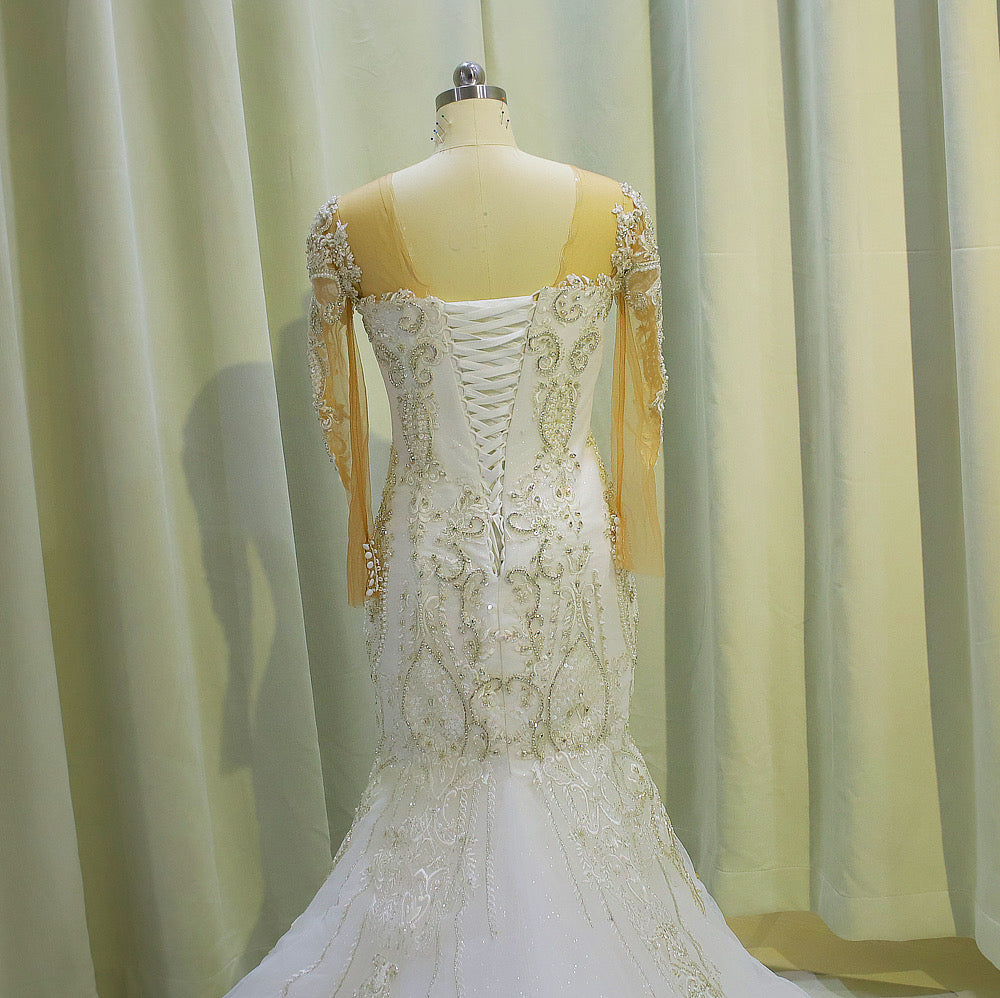 TBC-CM004  Custom-made luxury beading long sleeve 2 in 1 mermaid wedding dress with detachable skirt - Ting's Bridal Collection