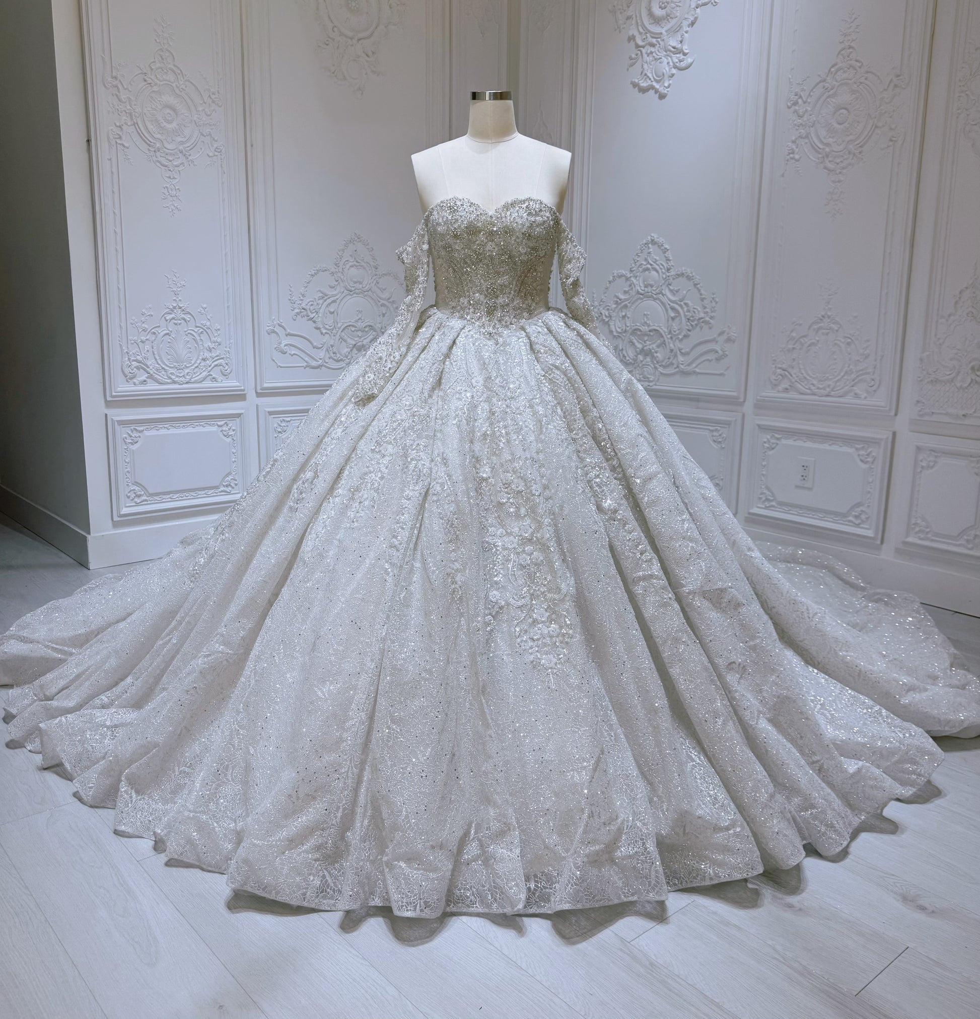 Stock Clearance! Bridal size 12! Luxury beading sparkling strapless princess floral ballgown fairy wedding dress - Ting's Bridal Collection