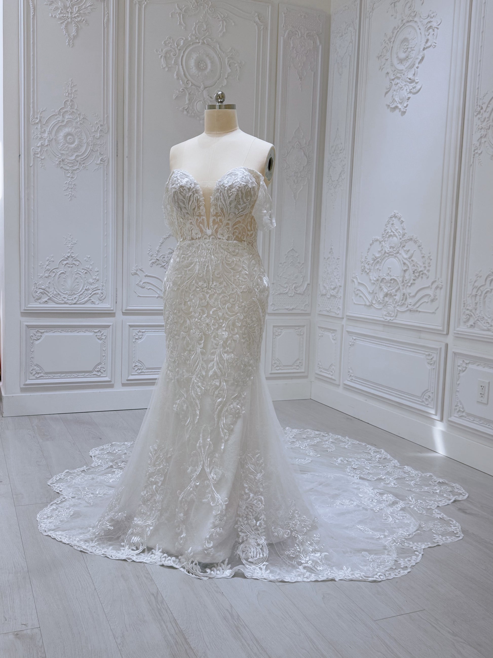 Stock Sale! Size 16! Custom-made lace embroidered off the shoulder trumpet/mermaid wedding dress - Ting's Bridal Collection