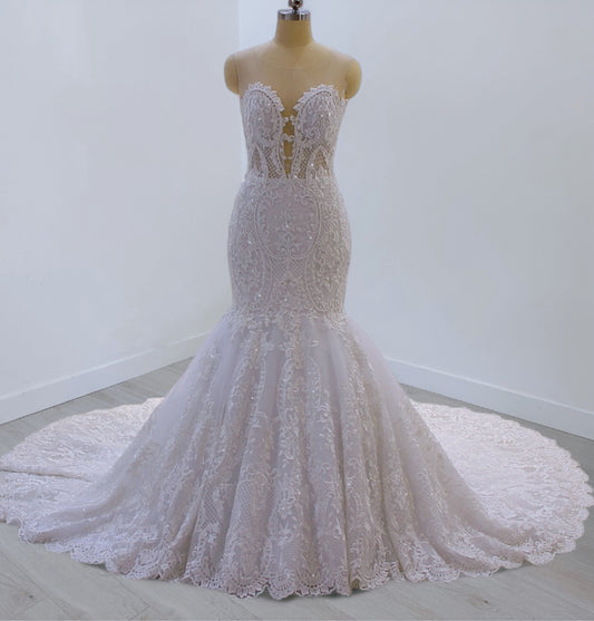 TBC-CM42 Custom-made lace embroidered strapless mermaid wedding dress