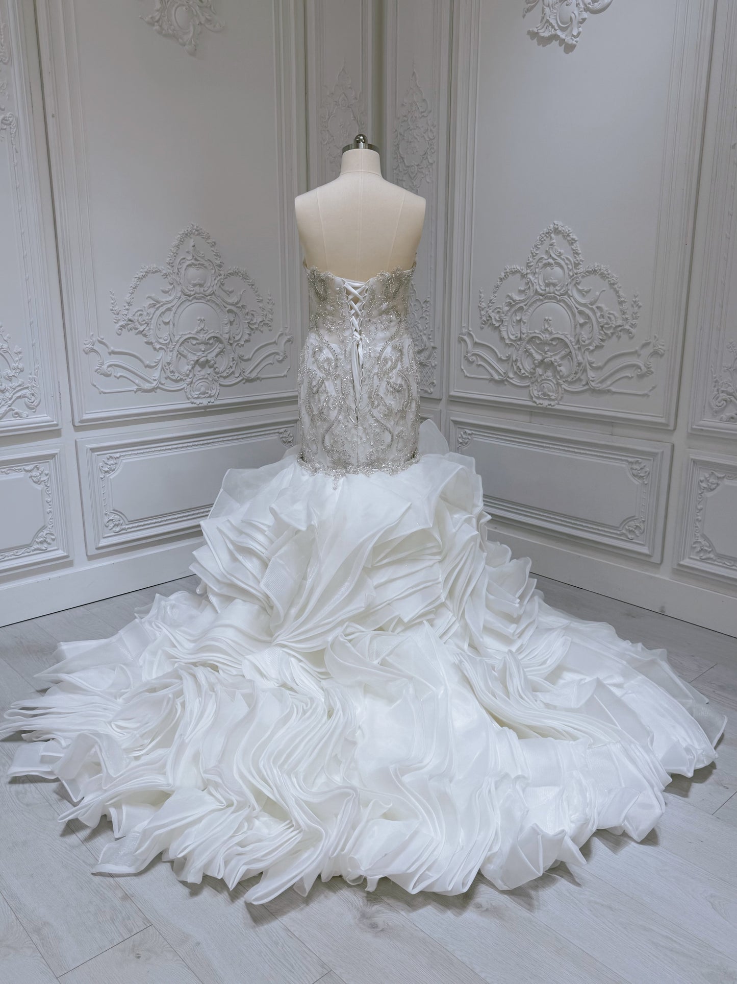 TBC-2IN1-001 Luxury beading sparkling mermaid royal wedding dress with detachable ruffled skirt