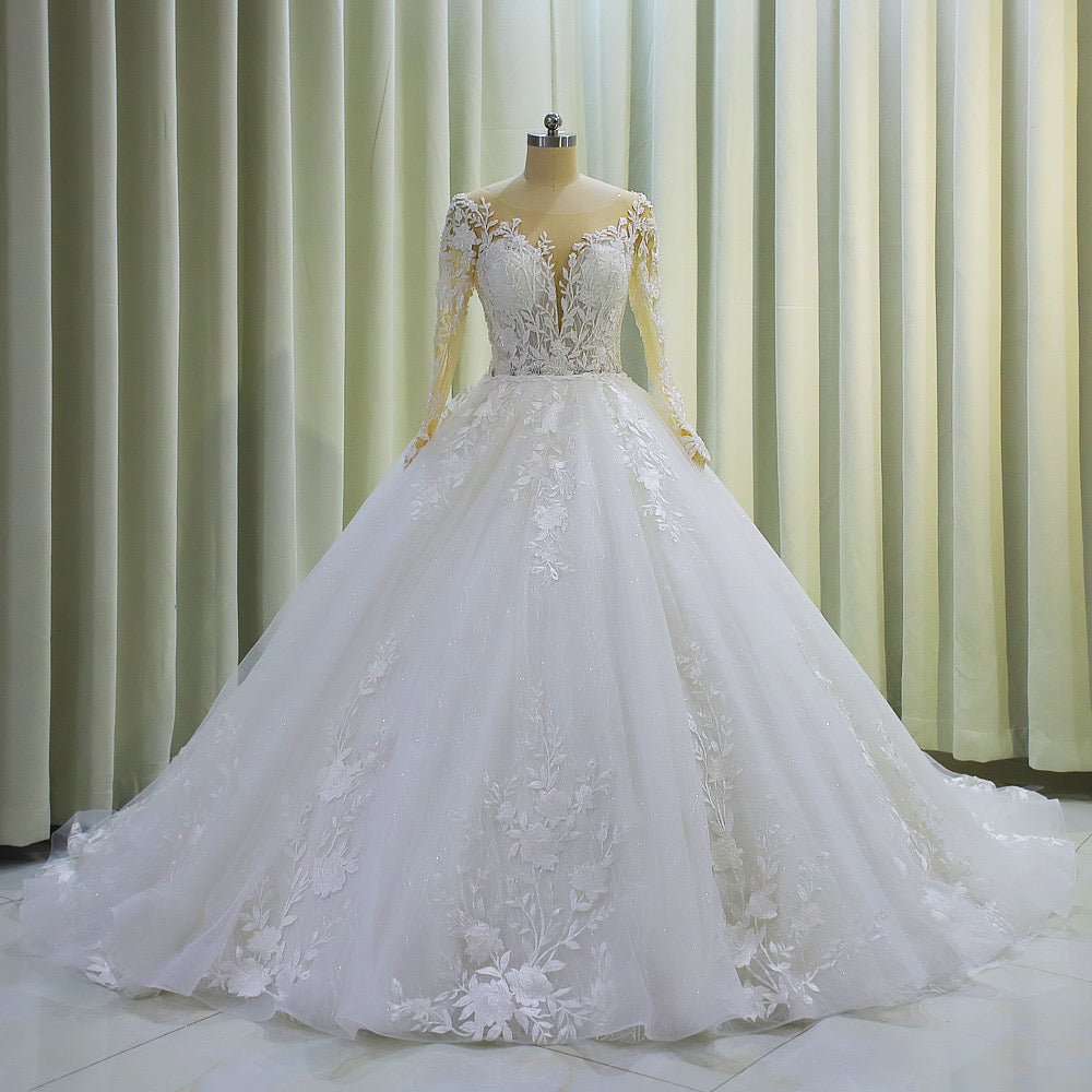 TBC-CM001  Custom-made floral embroidered long sleeve 2 in 1 ballgown and mermaid wedding dress with detachable skirt - Ting's Bridal Collection