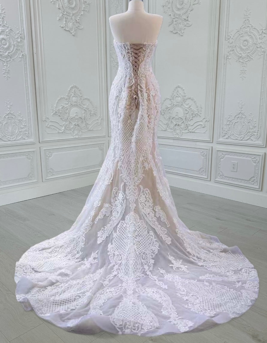 TBC-CM39 Custom-made champagne color off the shoulder lace embroidered mermaid wedding dress