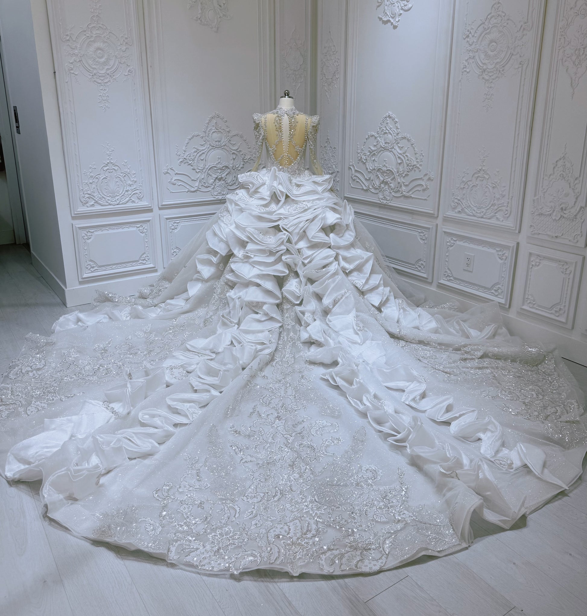 Custom-made luxury beading sparking long sleeve with sweetheart princess ballgown royal wedding dress with ruffled skirt - Ting's Bridal Collection