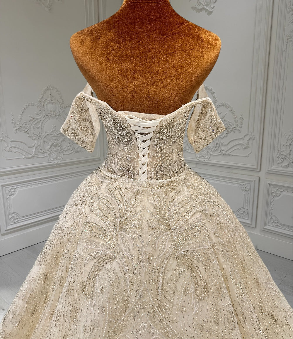 TBC-CM010  Custom-made luxury crystal beading off the shoulder 2 in 1 look trumpet and Aline wedding dress with detachable skirt