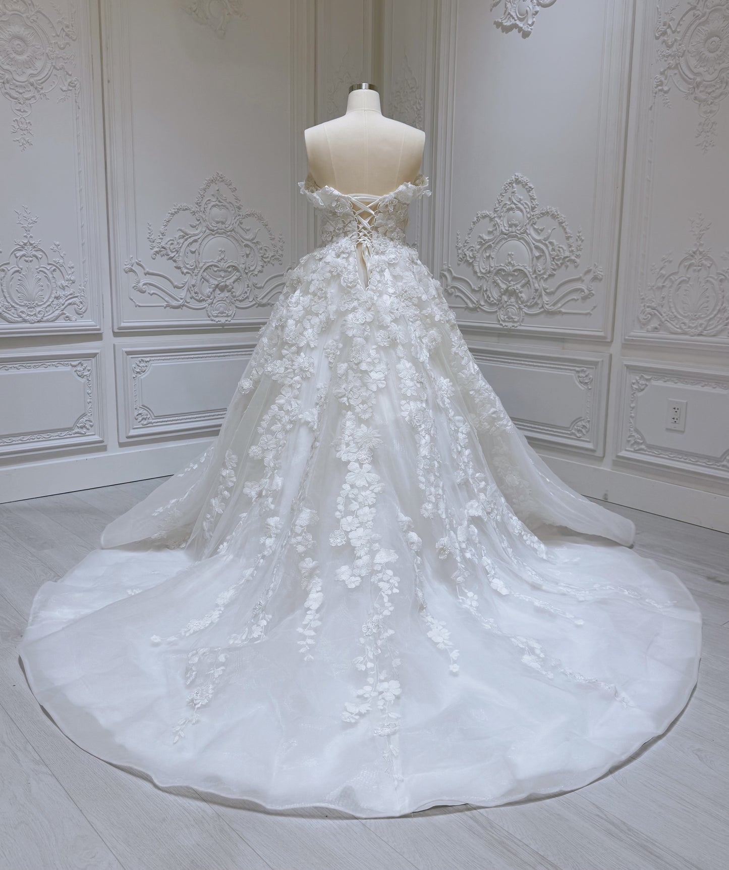 Stock Sale! Bridal size 12! Custom-made 3D floral embroidered off the shoulder with sweetheart Aline fairy wedding dress - Ting's Bridal Collection