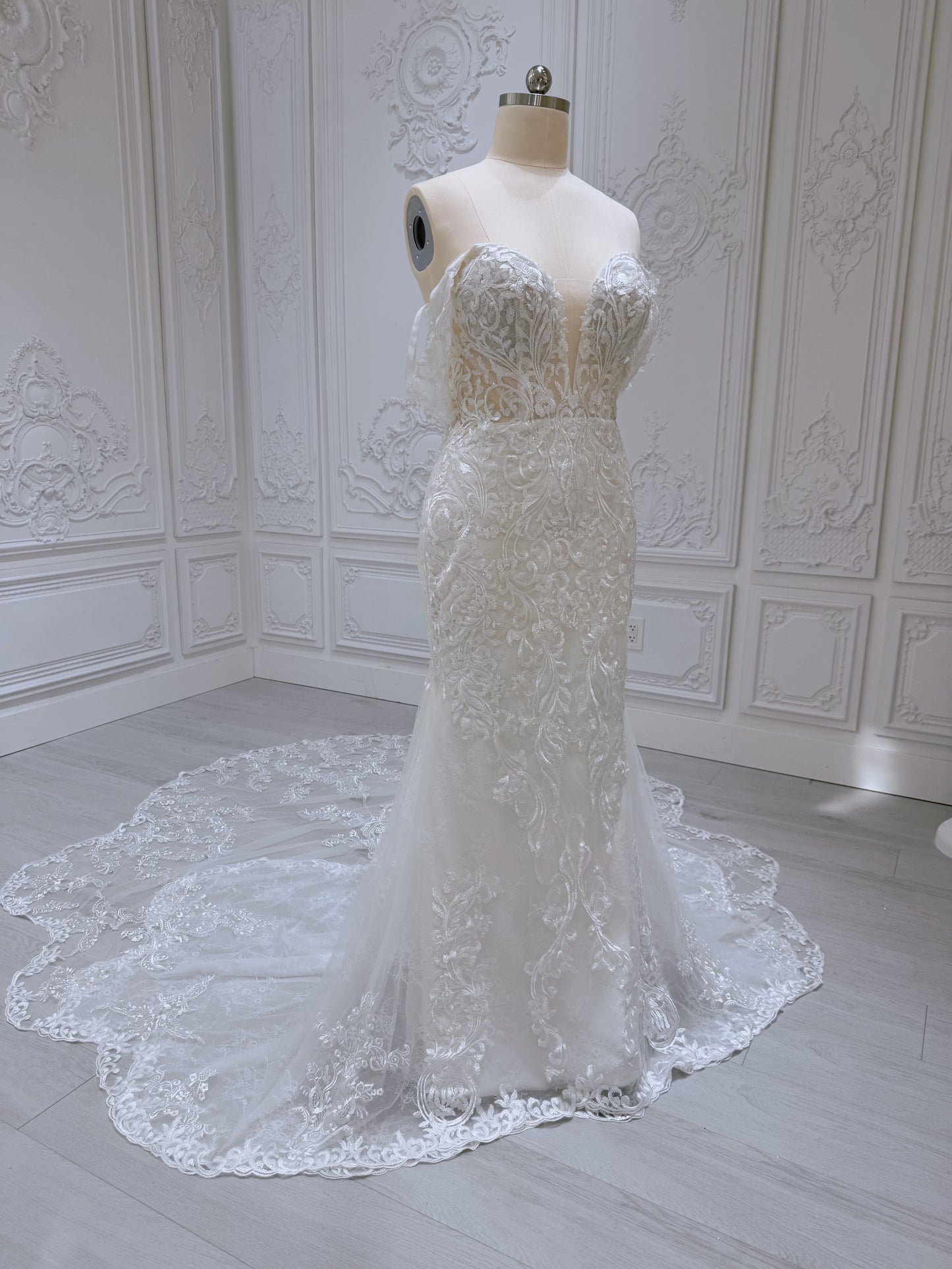 Stock Sale! Size 16! Custom-made lace embroidered off the shoulder trumpet/mermaid wedding dress - Ting's Bridal Collection