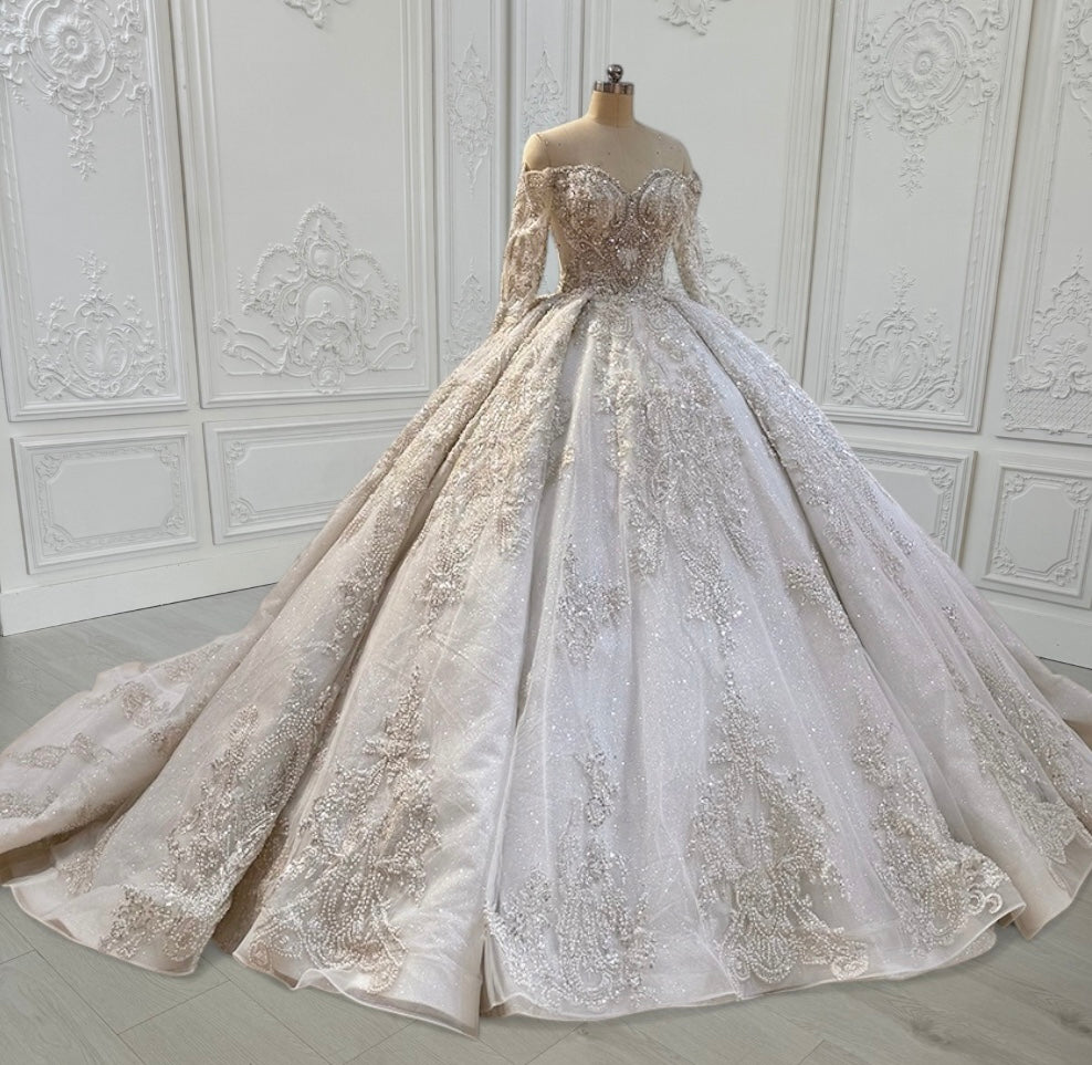 Custom-made luxury beading sparkling off the shoulder with V-neck long sleeve princess ballgown royal wedding dress