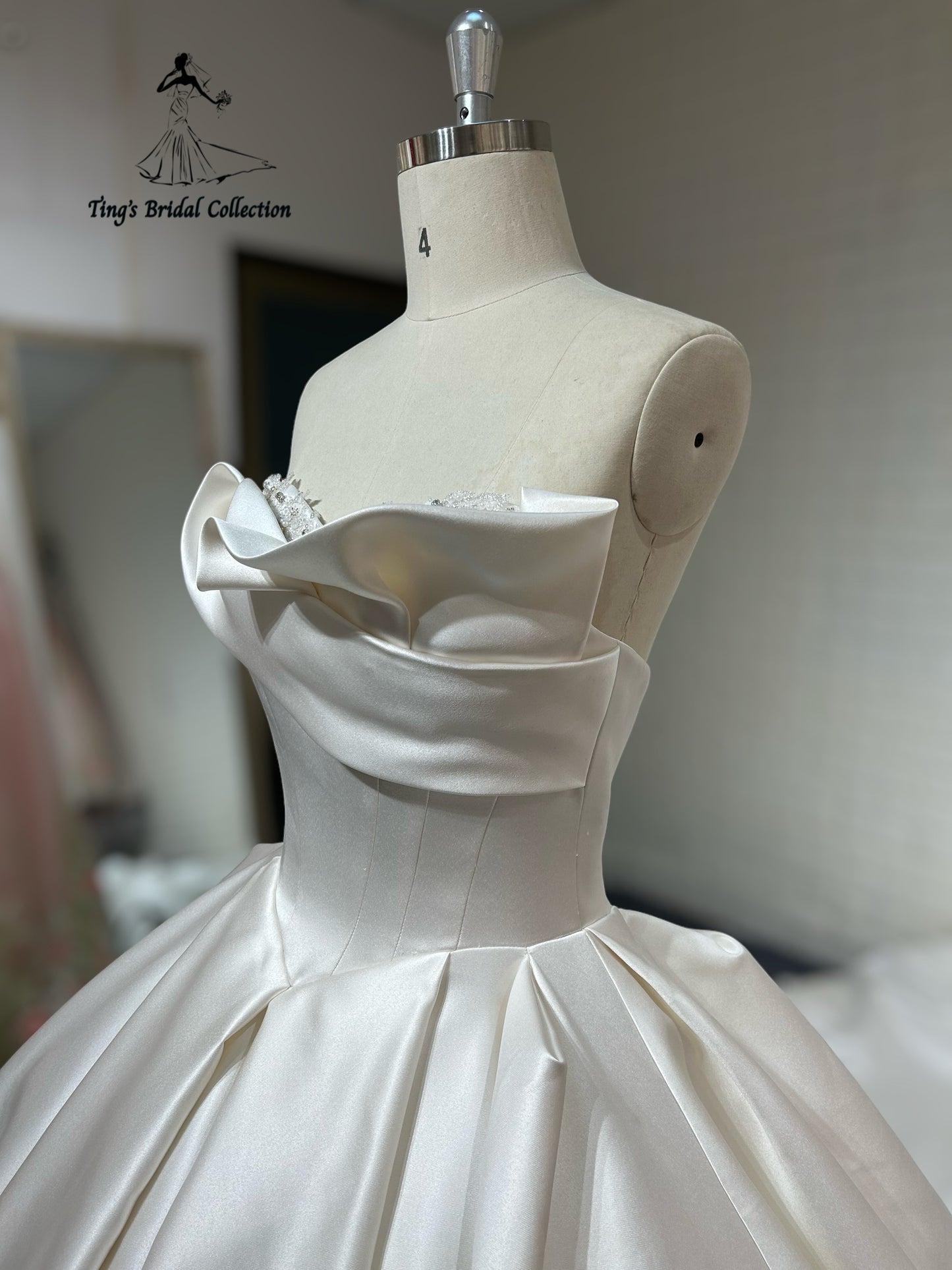 TBC-B027 Made to order satin ballgown wedding dress with ruffled neckline