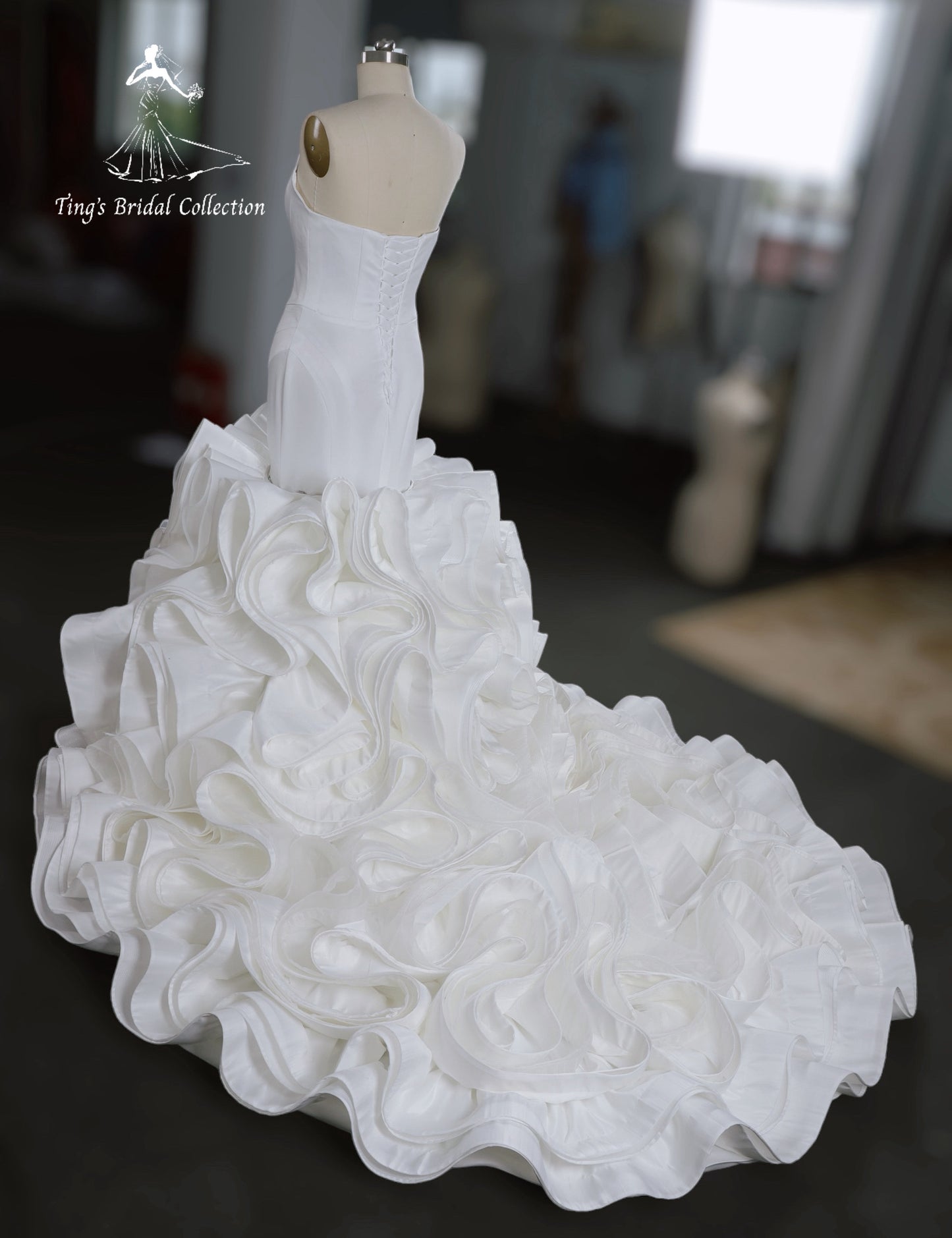 TBC-CM33 Custom-made strapless white satin mermaid wedding dress with ruffles skirt