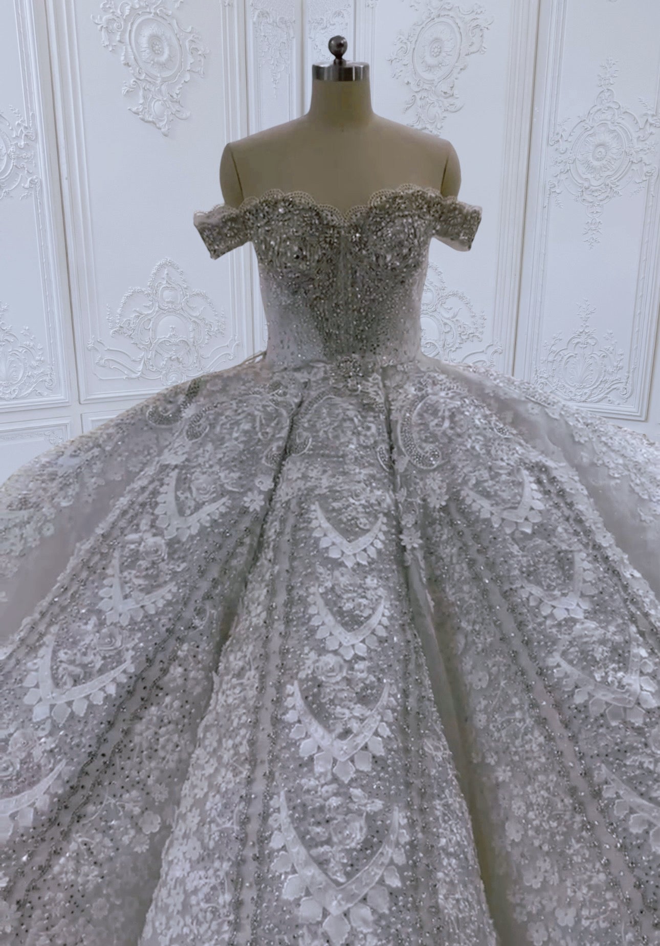 Custom-made luxury crystal beaded sparkling off the shoulder lace embroidered ballgown royal wedding dress - Ting's Bridal Collection