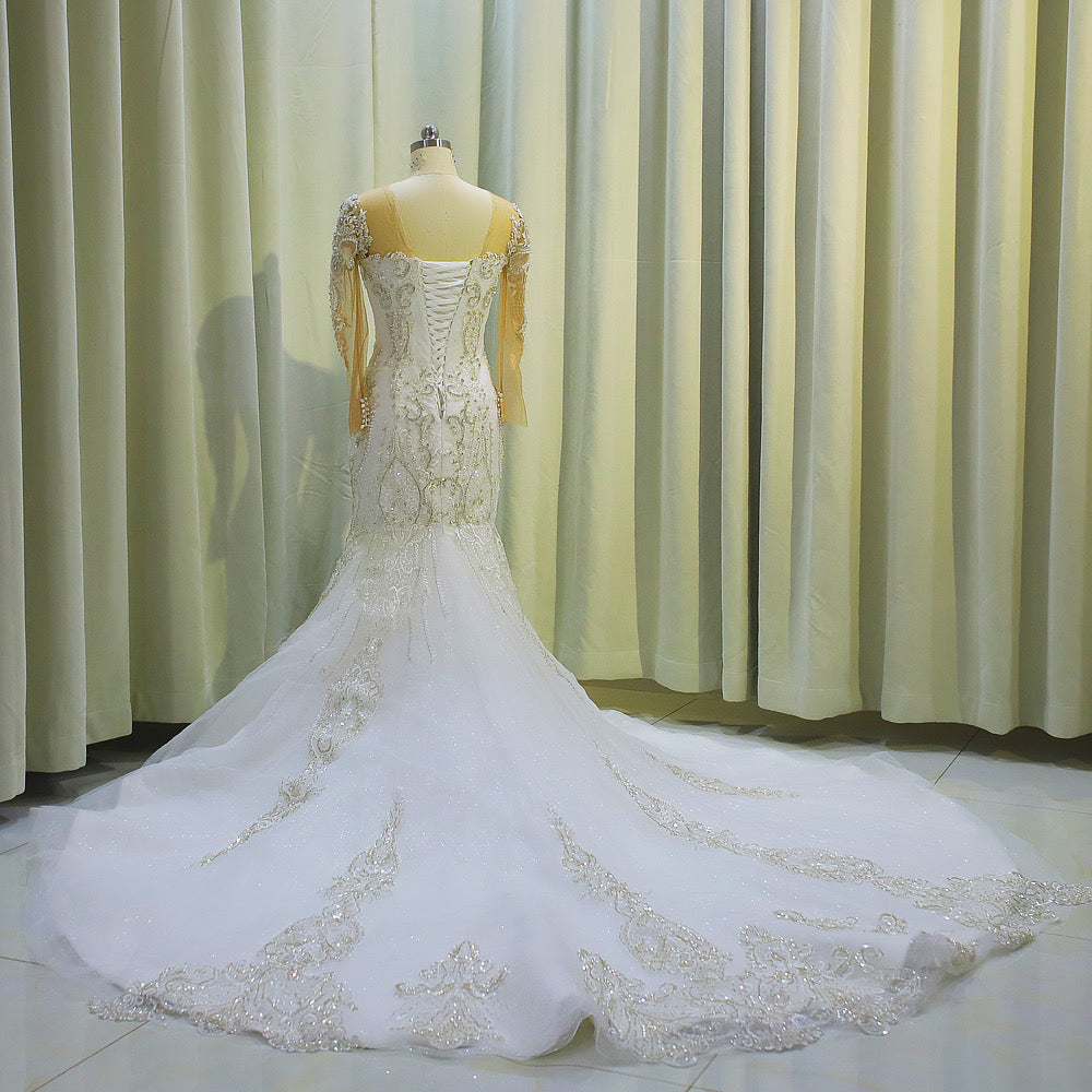 TBC-CM004  Custom-made luxury beading long sleeve 2 in 1 mermaid wedding dress with detachable skirt - Ting's Bridal Collection