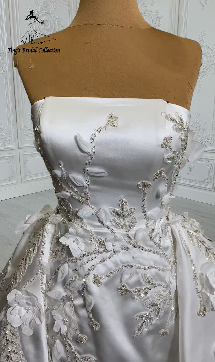 Custom-made white satin 3D beading lace embroidered strapless with straight neck 2 in 1 look trumpet wedding dress with detachable skirt - Ting's Bridal Collection