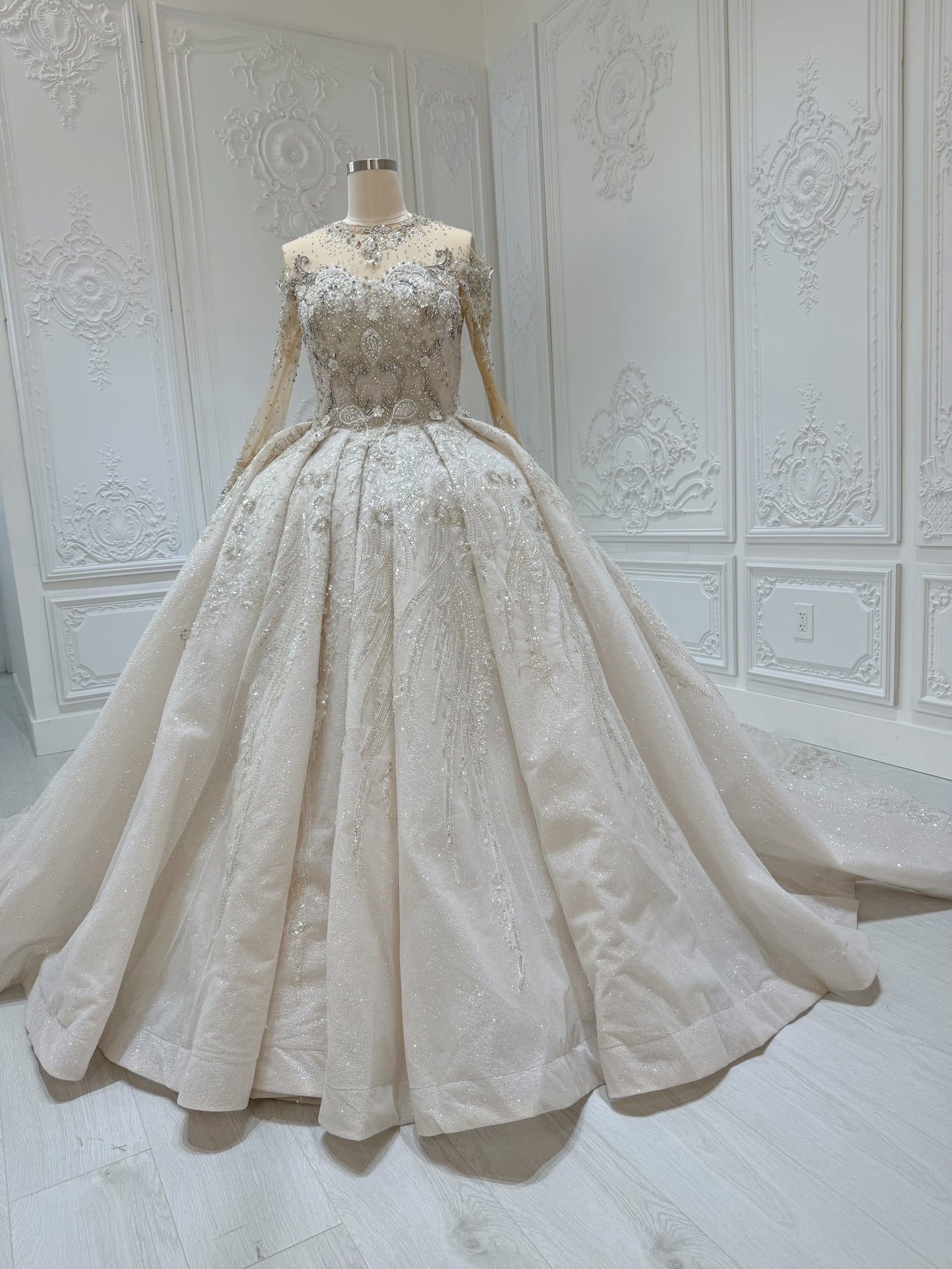 Stock Clearance! Luxury beading long sleeve with high neck ivory cream color ballgown royal wedding dress - Ting's Bridal Collection