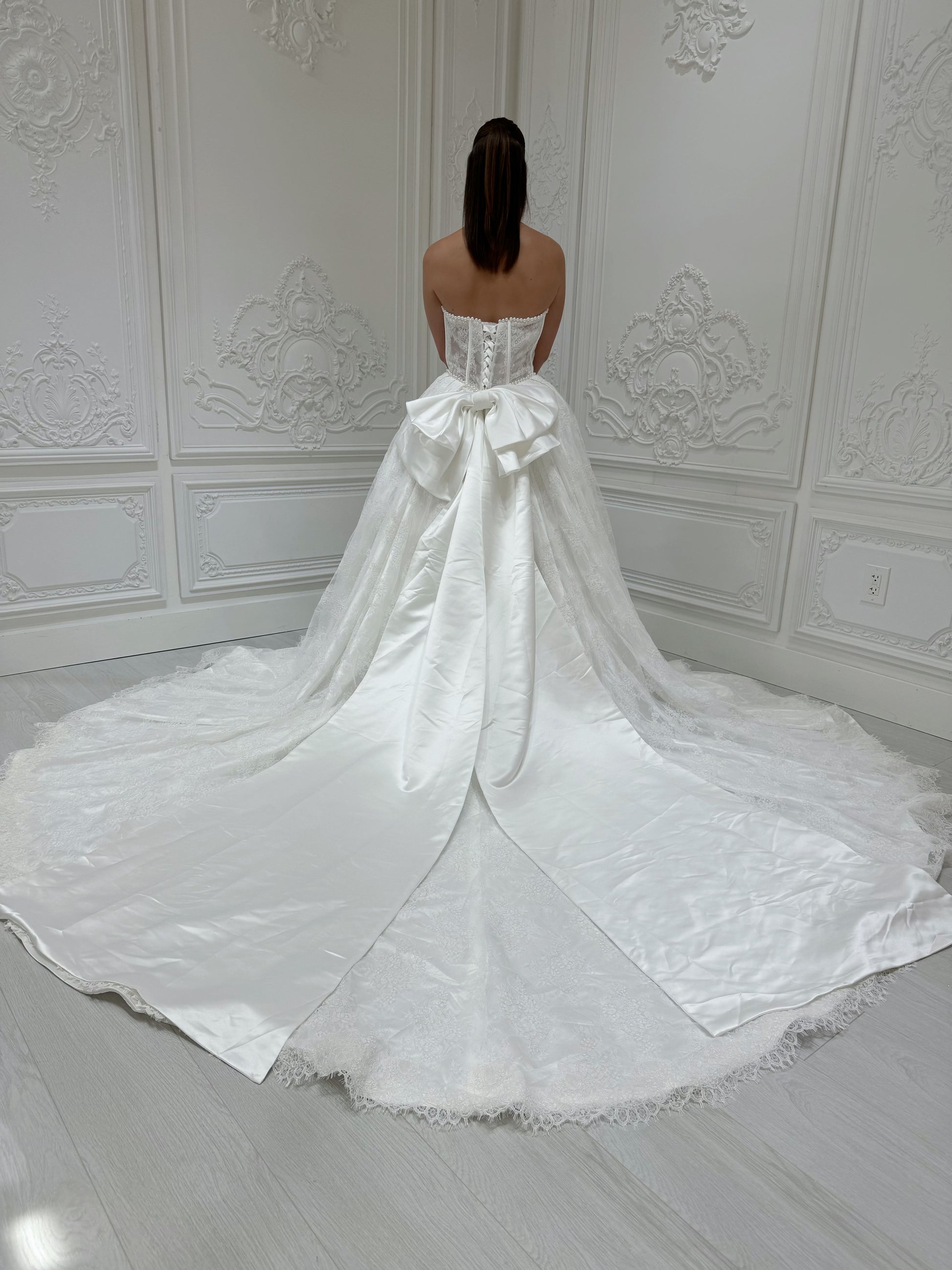 Stock Sale! Bridal size 12! Custom-made straight pearl beading corset lace Aline wedding dress with detachable bow - Ting's Bridal Collection