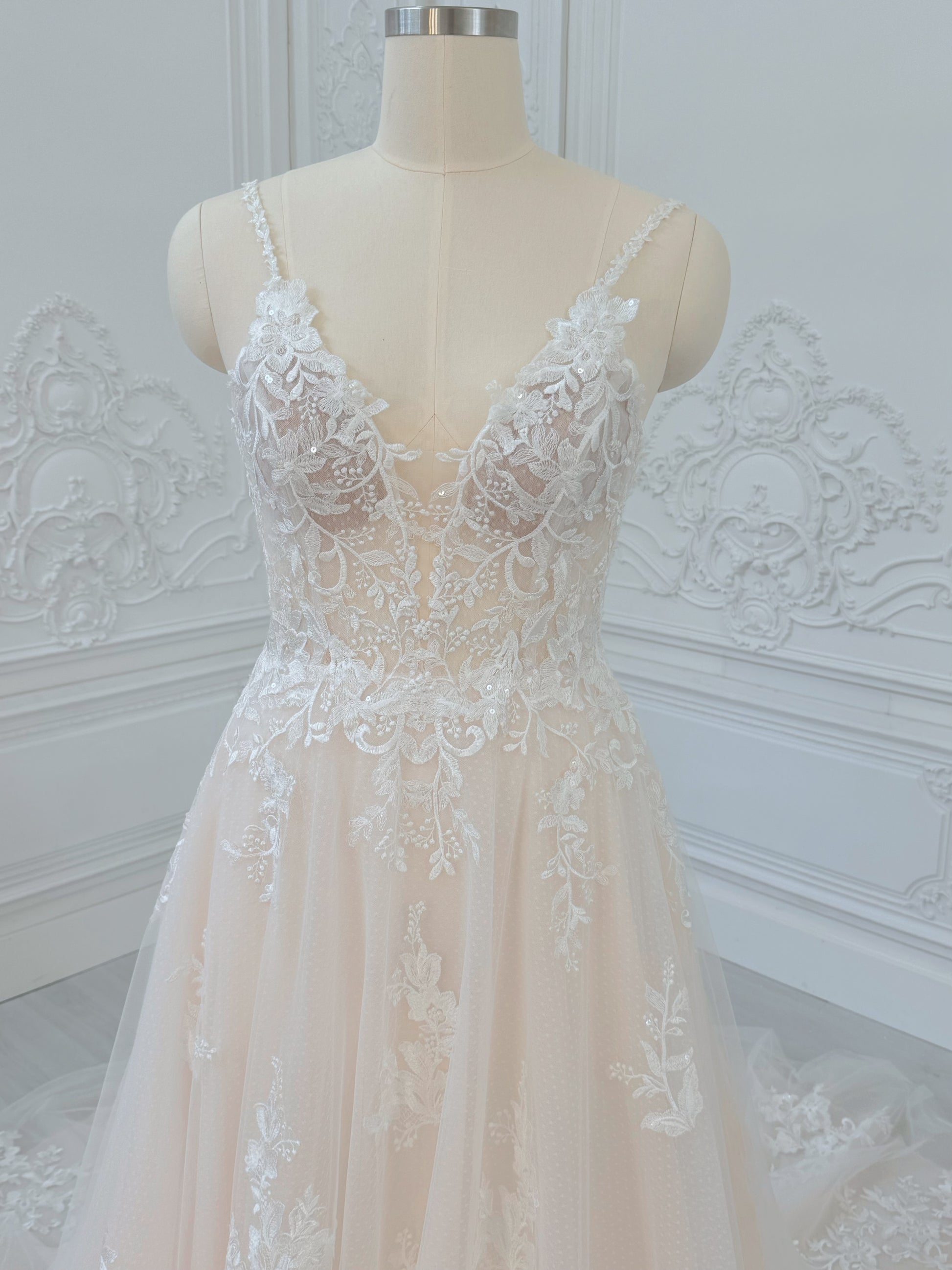 Stock Clearance! Blush color Spaghetti strap Deep V beach/outdoor wedding dress - Ting's Bridal Collection