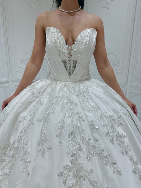 Stock Sale! Customer-made luxury beading lace embroidered strapless satin 2 in 1 ballgown&mermaid royal wedding dress with detachable skirt - Ting's Bridal Collection