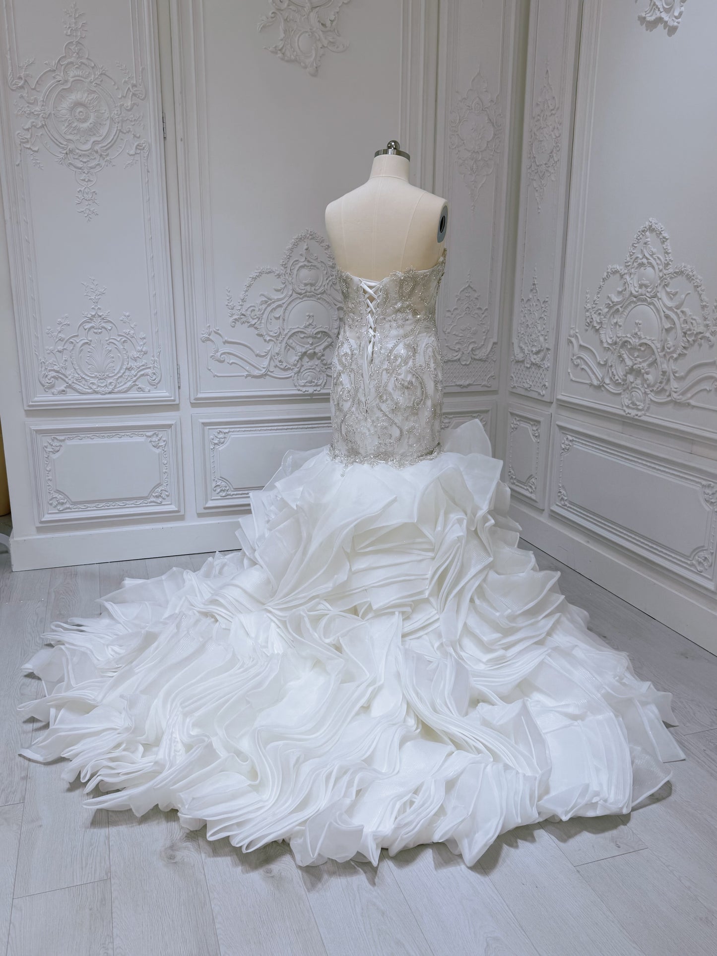 TBC-2IN1-001 Luxury beading sparkling mermaid royal wedding dress with detachable ruffled skirt