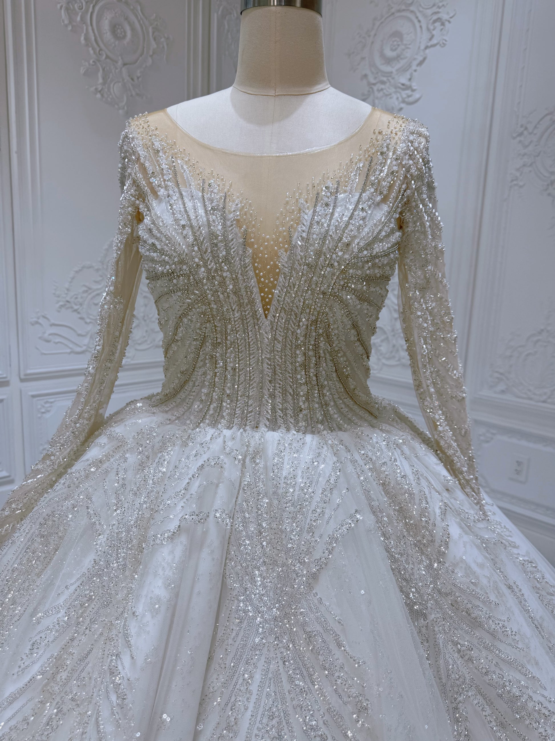 Stock Sale! Bridal size 12! Luxury crystal beading sparkling long sleeve with Deep V princess ballgown royal wedding dress - Ting's Bridal Collection
