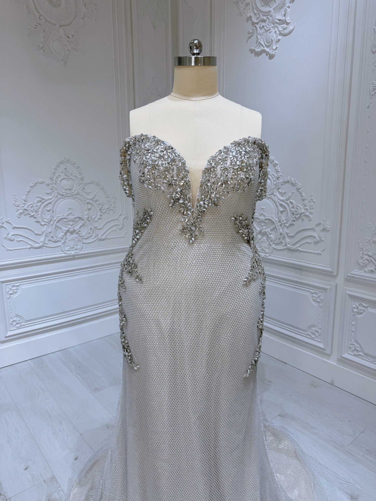 Stock Clearance! Plus size 22! Champagne color crystal beaded off the shoulder mermaid/trumpet wedding dress/formal event gown