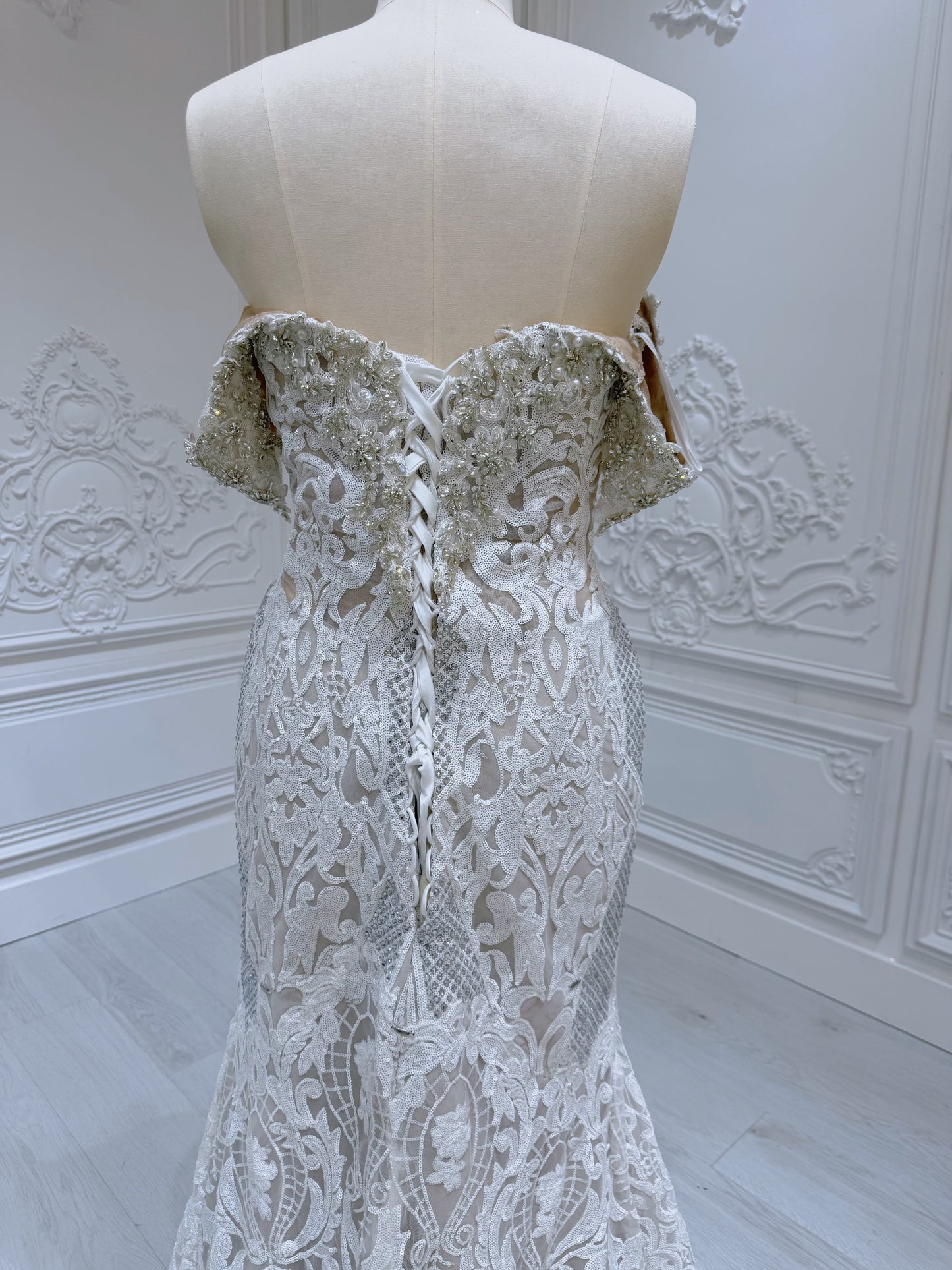 Stock Sale! Ivory crystal beaded fitting trumpet wedding dress with split