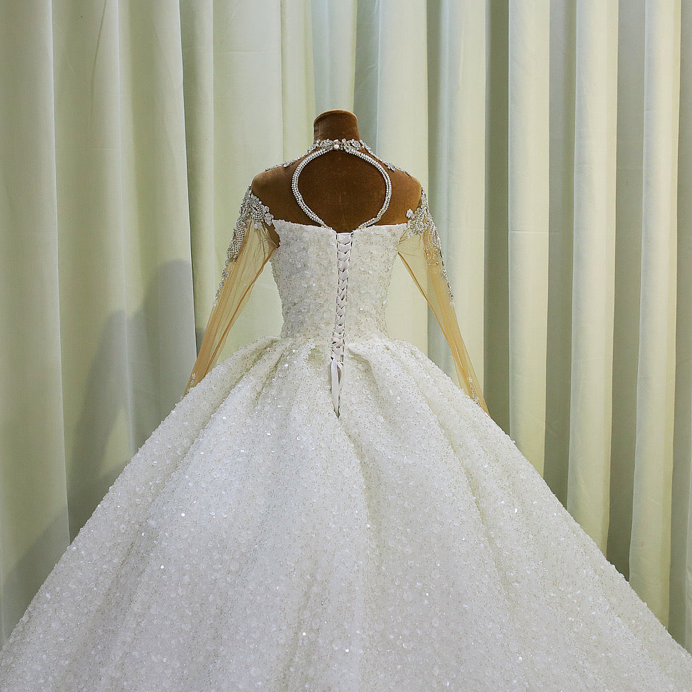 TBC-CM007  Custom-made luxury crystal beading sparkling high neck with long sleeve princess ballgown wedding dress - Ting's Bridal Collection