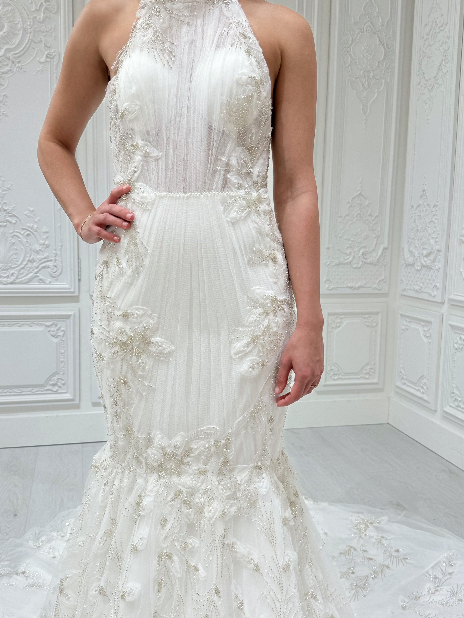 Stock Sale! Bridal size 12! Custom-made beading 3D floral lace halter neck with open back mermaid wedding dress - Ting's Bridal Collection