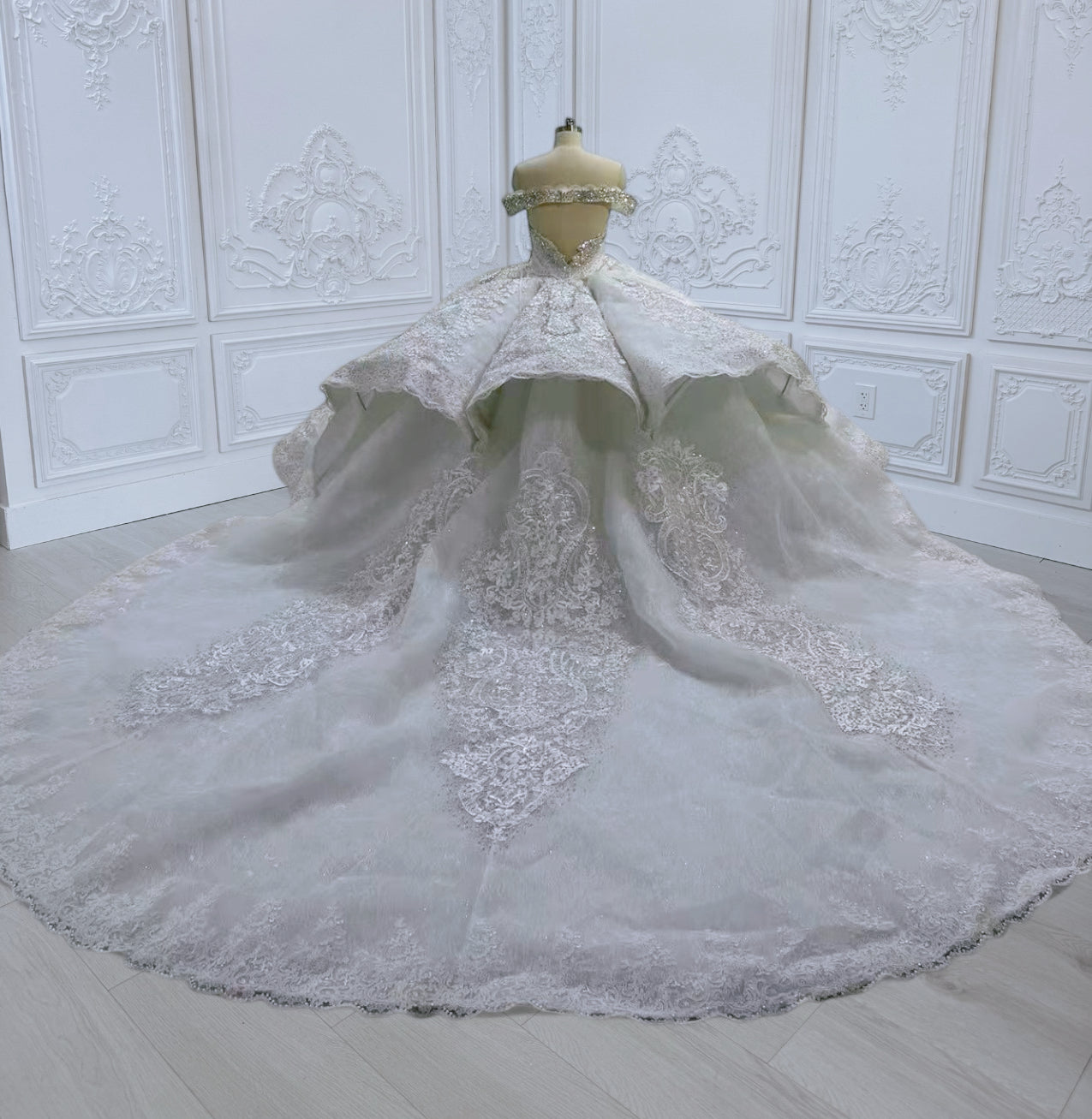 Custom-made luxury crystal beaded sparkling off the shoulder lace embroidered ballgown royal wedding dress - Ting's Bridal Collection