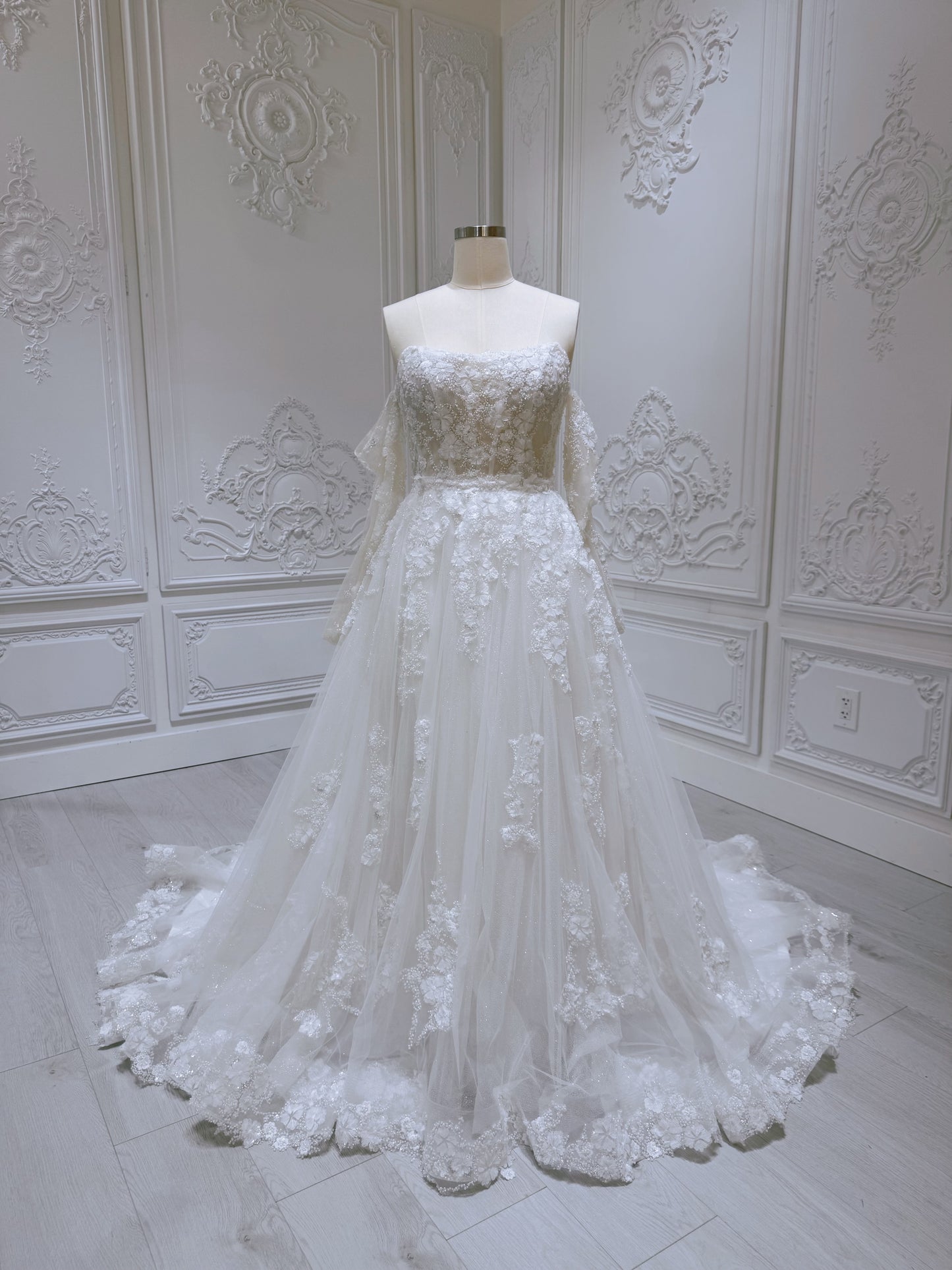 TBC-2IN1-035 Made to order 3D lace with beading 2 in 1 Mini&Aline wedding dress