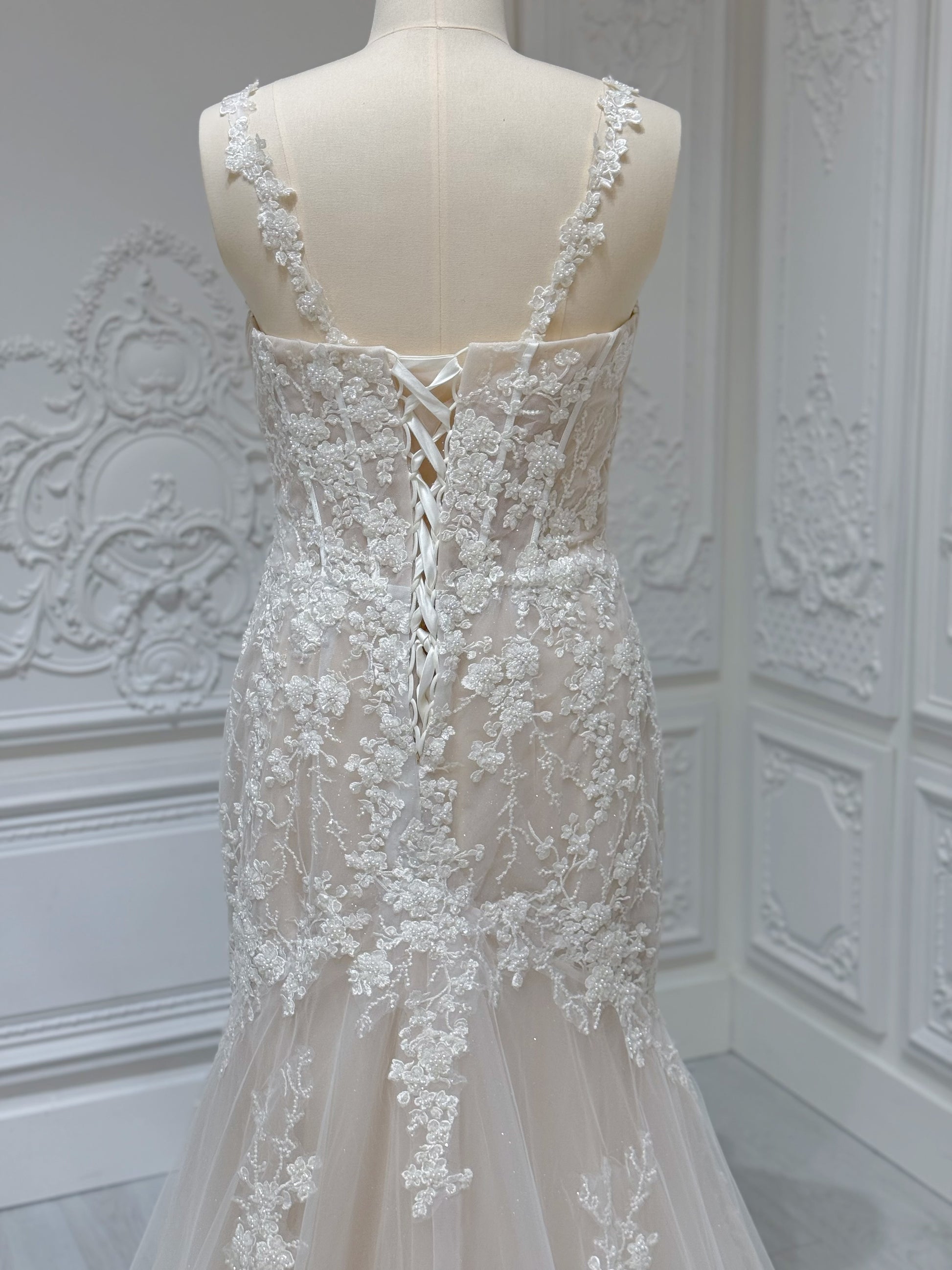 Custom-made ivory floral beading mermaid wedding dress with floral shaped train - Ting's Bridal Collection