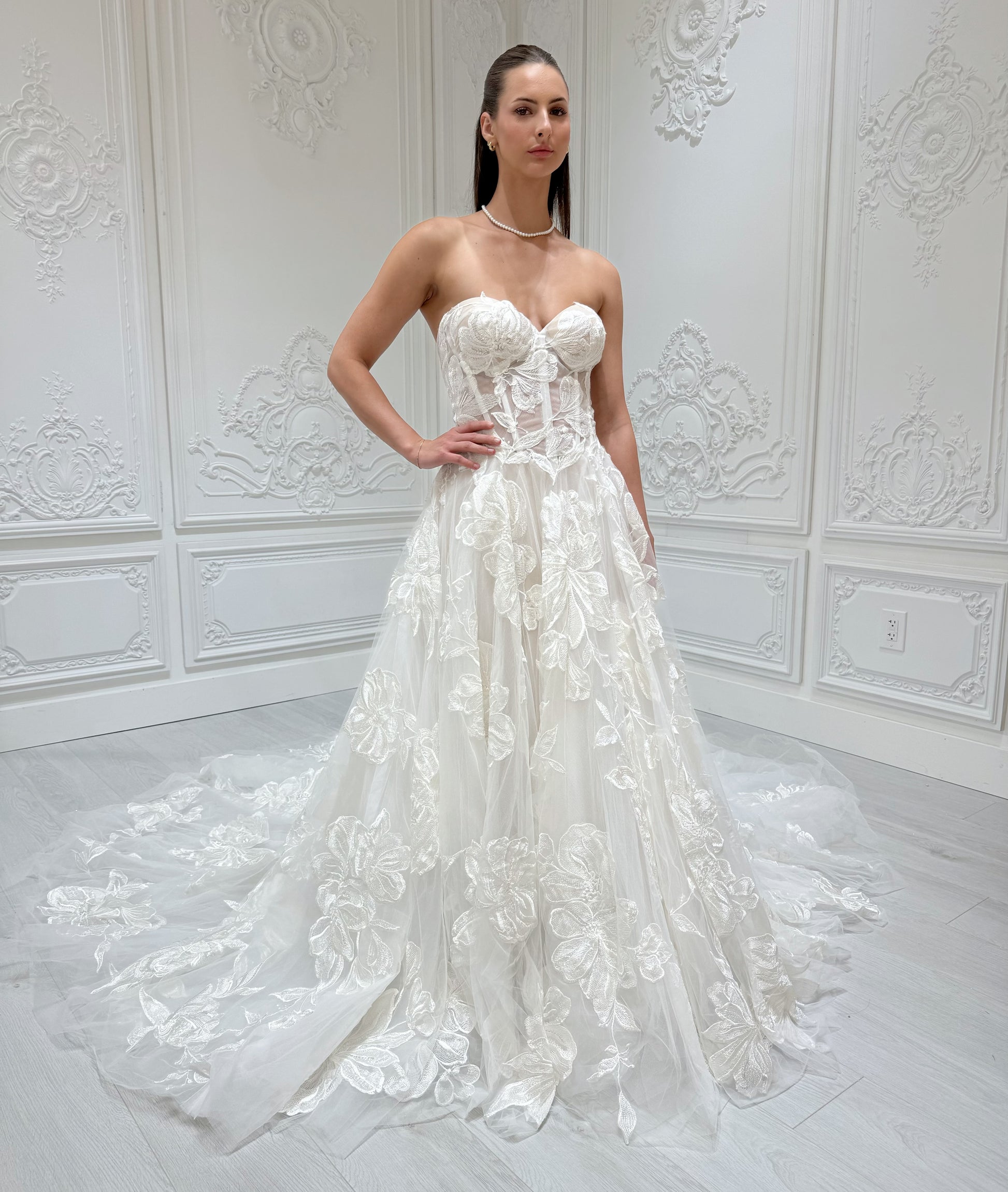 Stock Sale! Custom-made 3D big floral strapless ivory Aline wedding dress - Ting's Bridal Collection