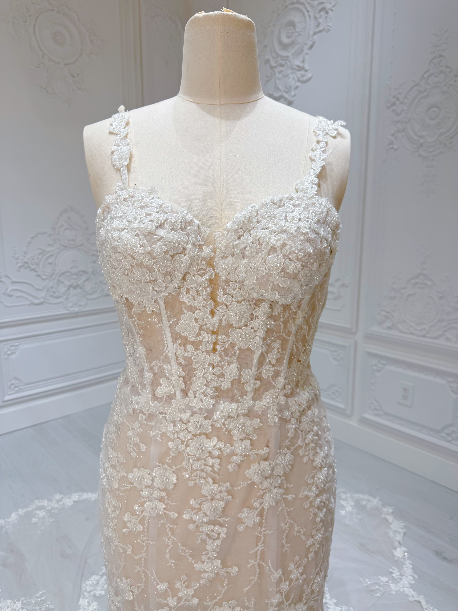 Custom-made ivory floral beading mermaid wedding dress with floral shaped train - Ting's Bridal Collection