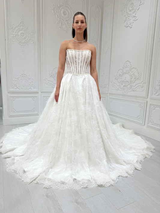 Stock Sale! Bridal size 12! Custom-made straight pearl beading corset lace Aline wedding dress with detachable bow - Ting's Bridal Collection