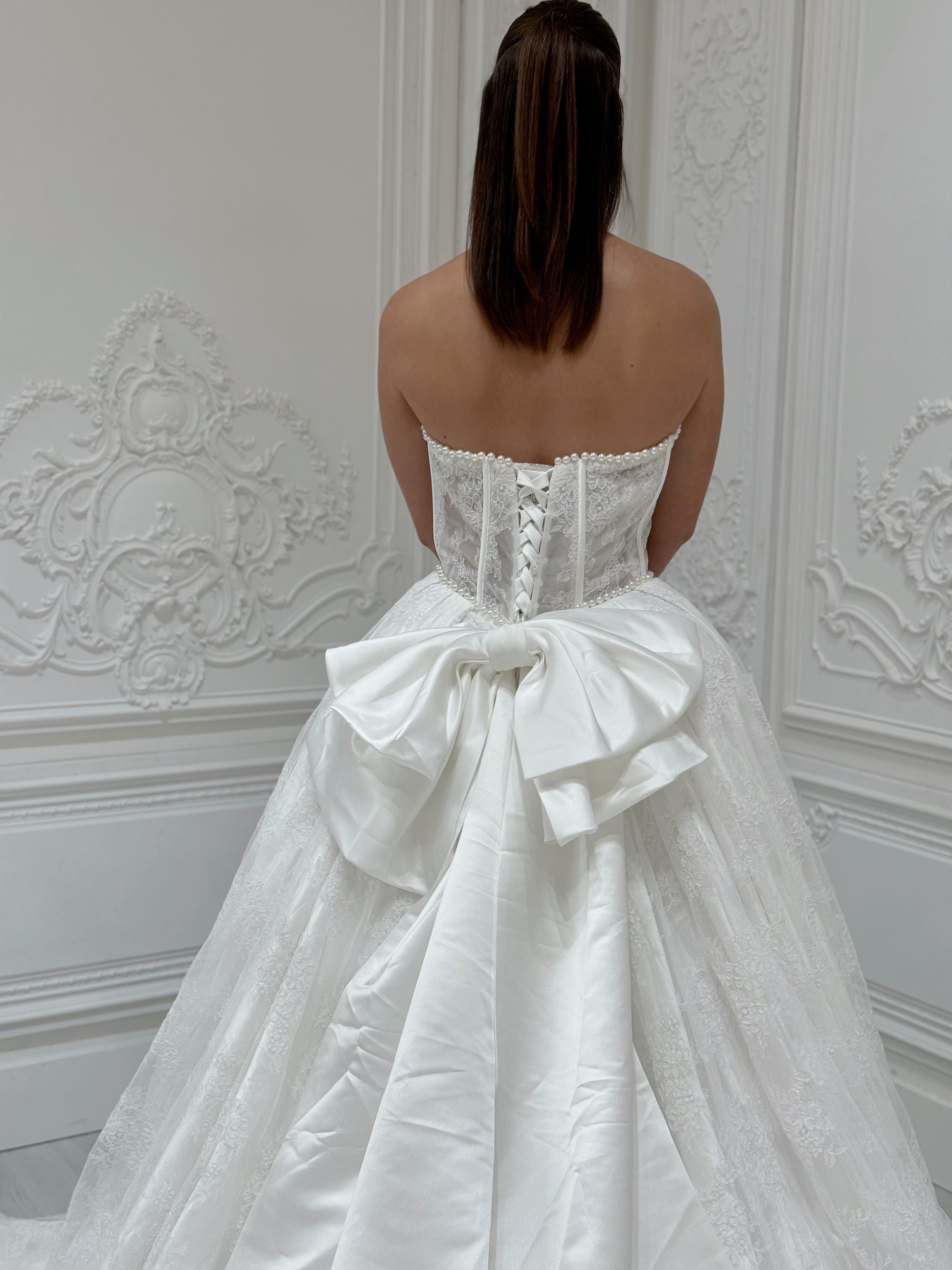 Stock Sale! Bridal size 12! Custom-made straight pearl beading corset lace Aline wedding dress with detachable bow - Ting's Bridal Collection