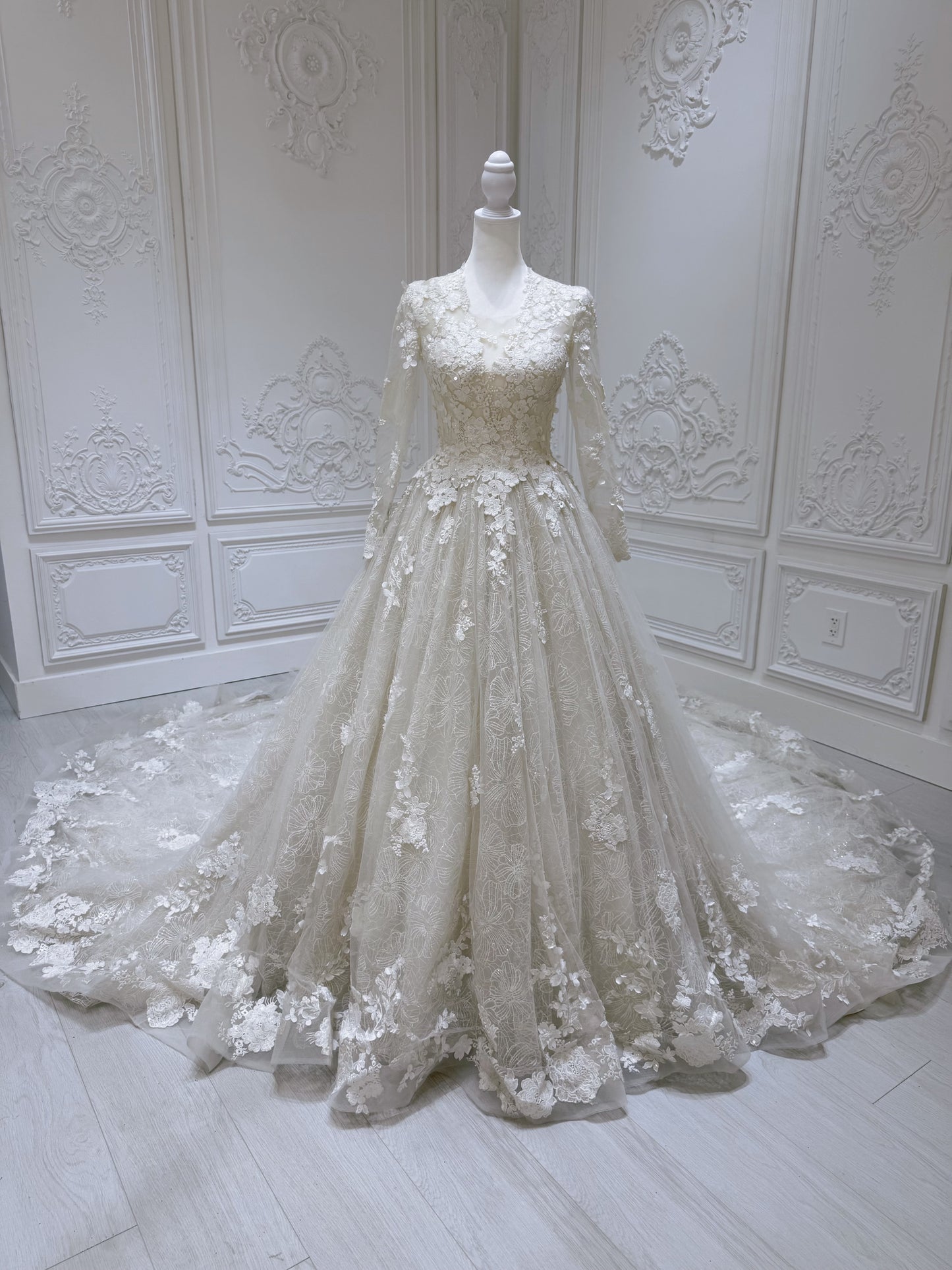 Stock clearance floor sample! Size 2. Ivory long sleeve lace Aline wedding dress