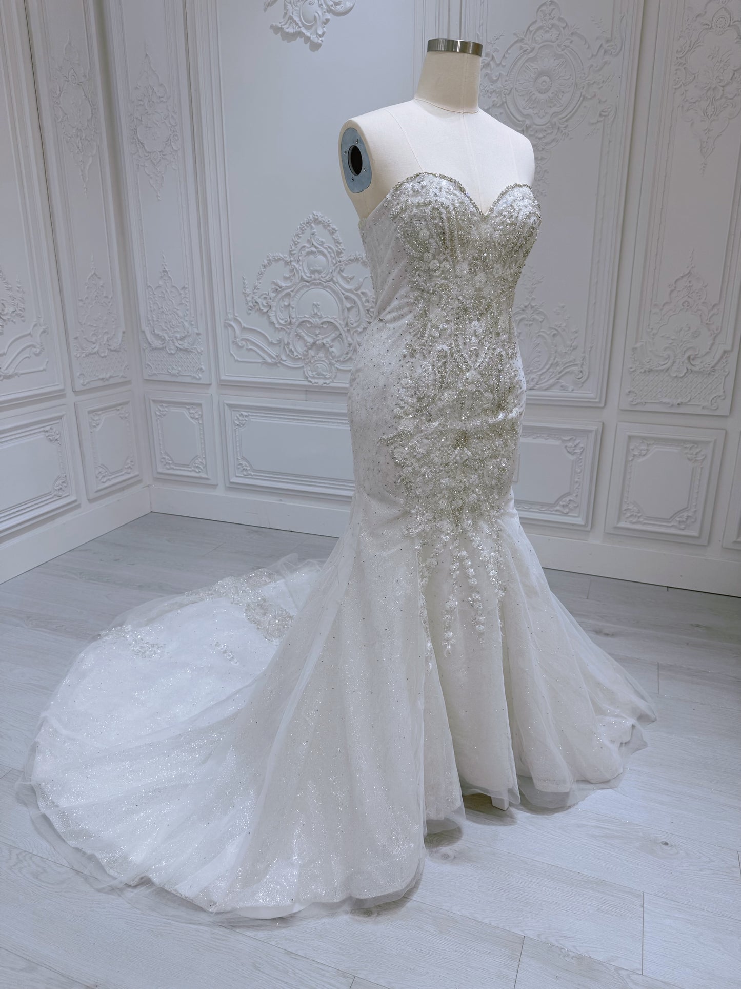 Stock Clearance! Bridal size 12! Custom-made off white beading strapless 2 in 1 look trumpet wedding dress with detachable ruffled skirt