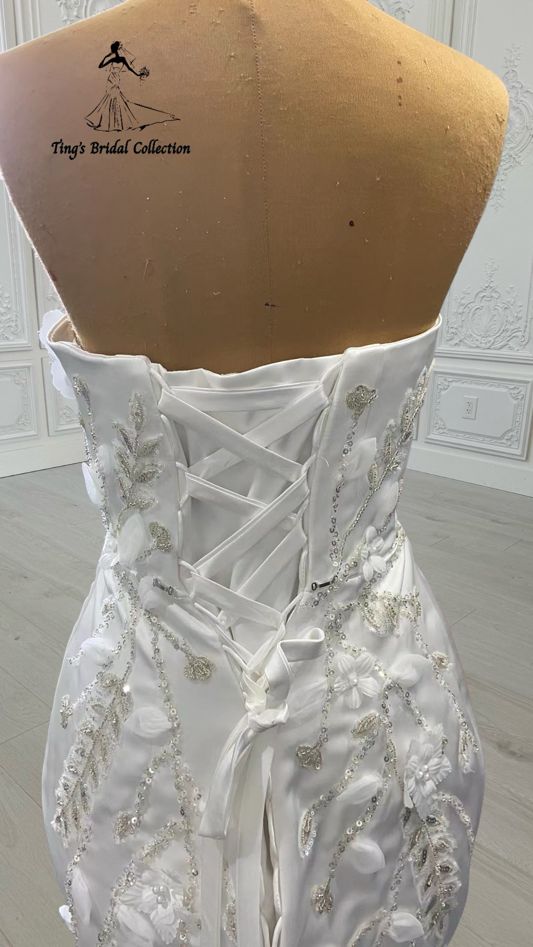 Custom-made white satin 3D beading lace embroidered strapless with straight neck 2 in 1 look trumpet wedding dress with detachable skirt - Ting's Bridal Collection