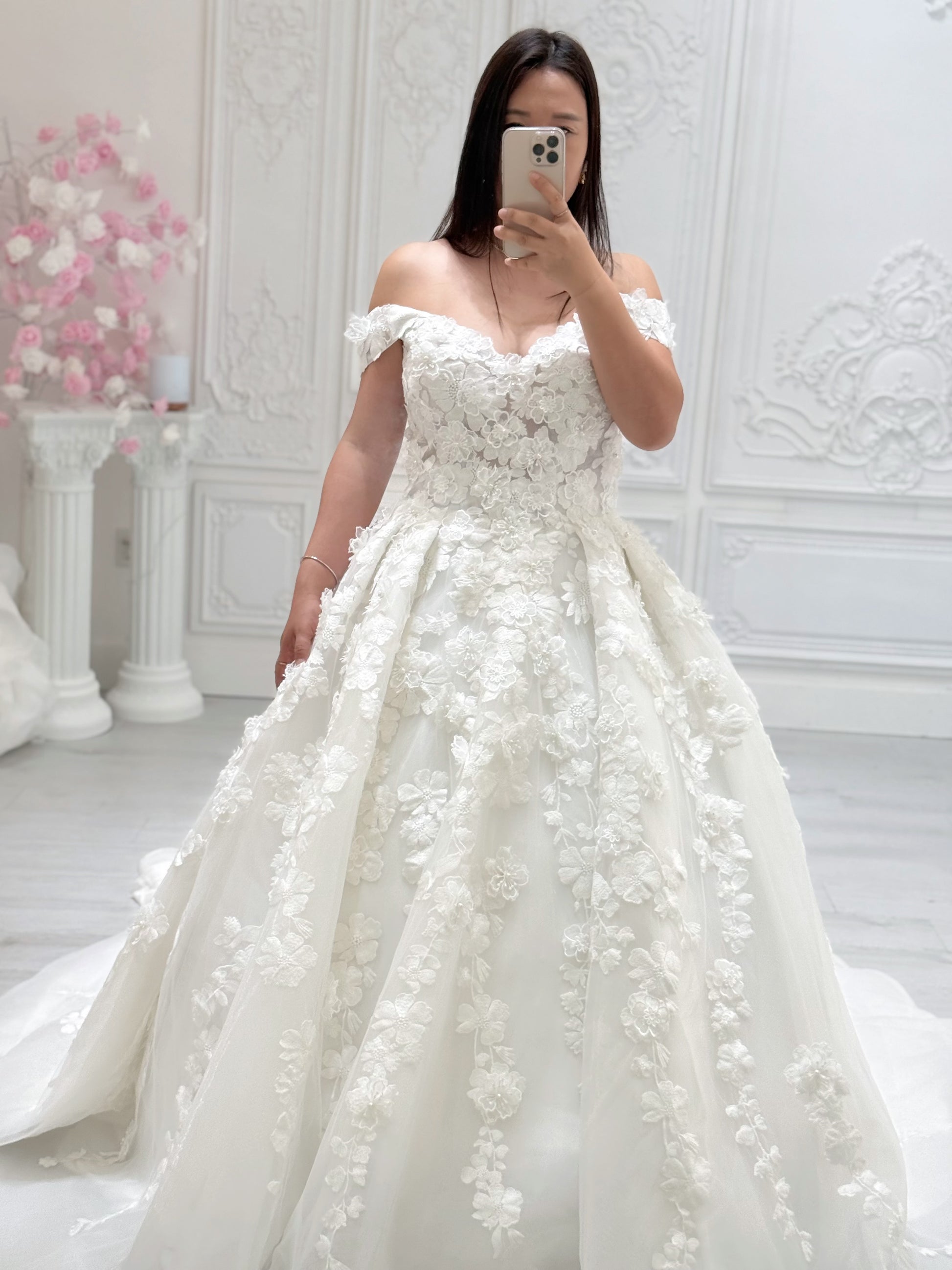 Stock Sale! Bridal size 12! Custom-made 3D floral embroidered off the shoulder with sweetheart Aline fairy wedding dress - Ting's Bridal Collection