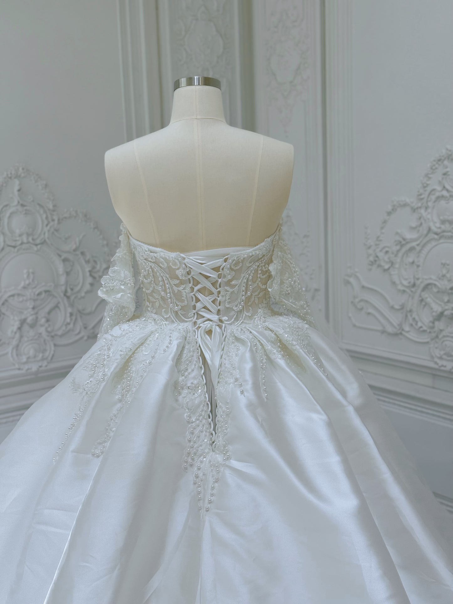 Stock of pearl beaded lace satin ballgown wedding dress