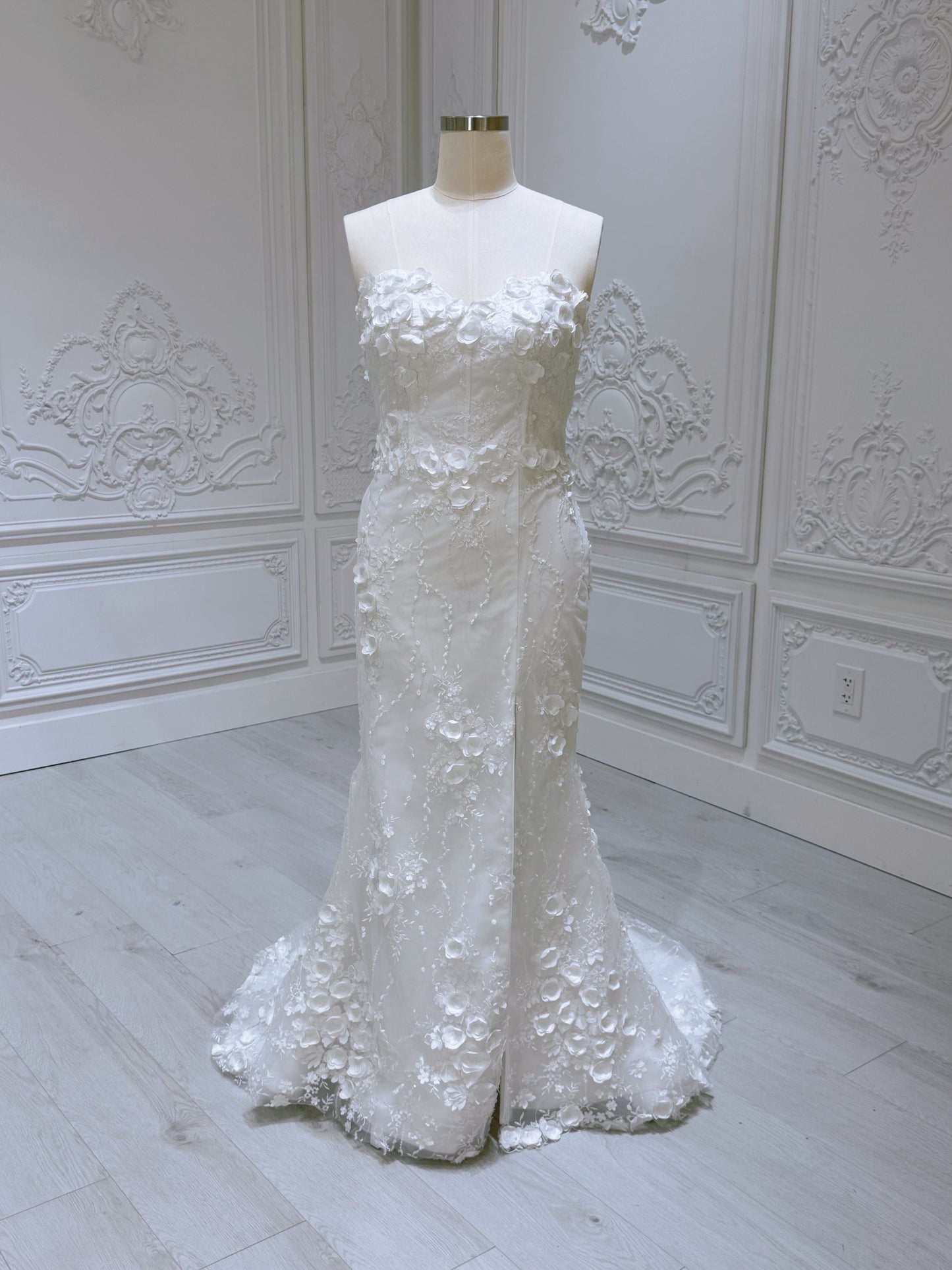 TBC-2IN1-002  Stock of White 3D floral off the shoulder 2 in 1 split mermaid wedding dress with detachable skirt