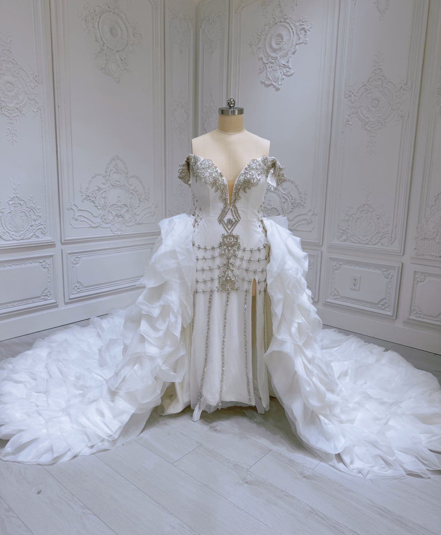 TBC-2IN1-0036 Made to order Luxury crystal beaded 2 in 1 mermaid with detachable ruffled skirt