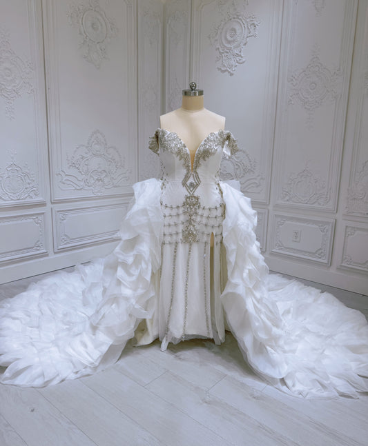 TBC-2IN1-0036 Made to order Luxury crystal beaded 2 in 1 mermaid with detachable ruffled skirt