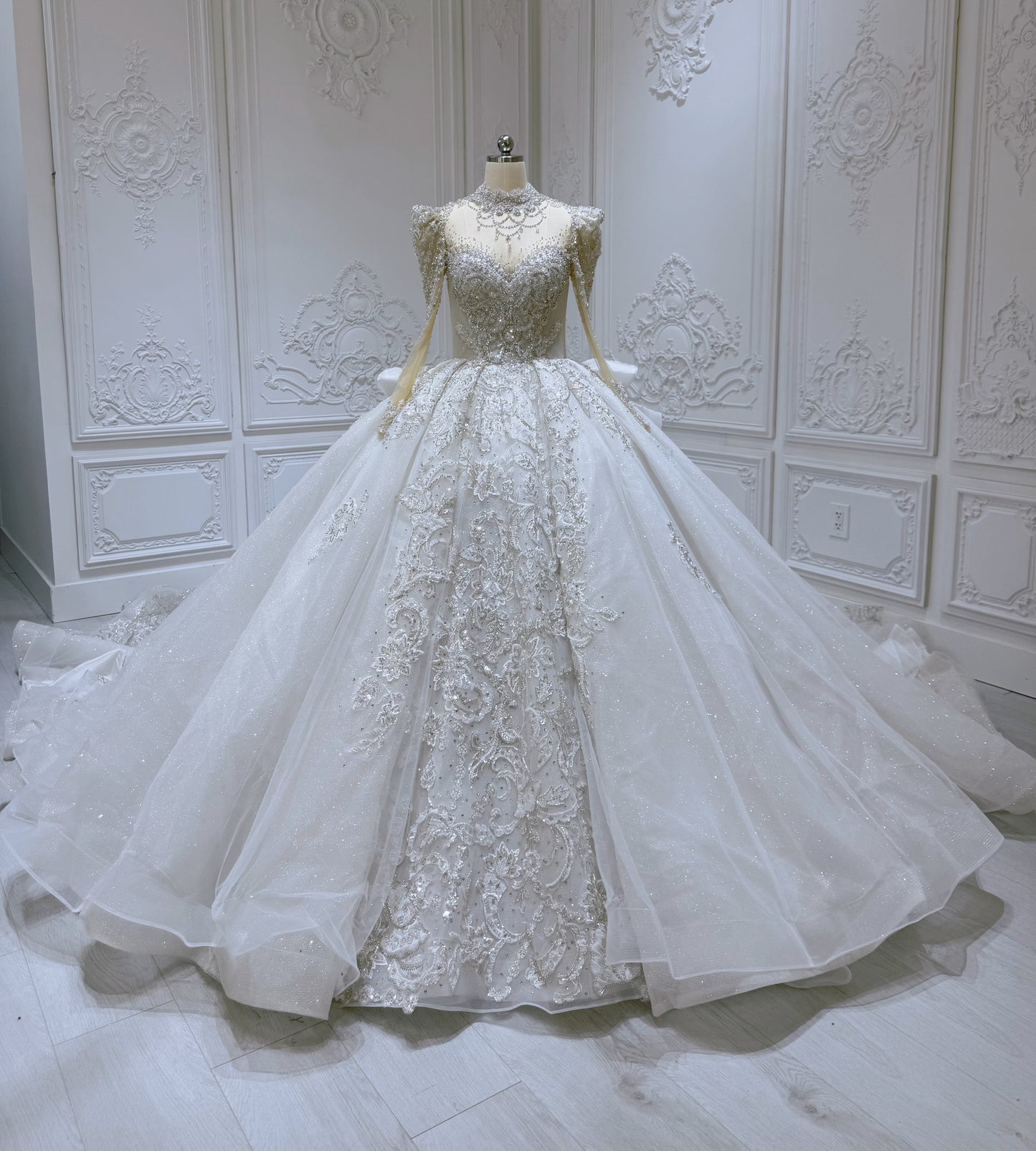 Custom-made luxury beading sparking long sleeve with sweetheart princess ballgown royal wedding dress with ruffled skirt - Ting's Bridal Collection