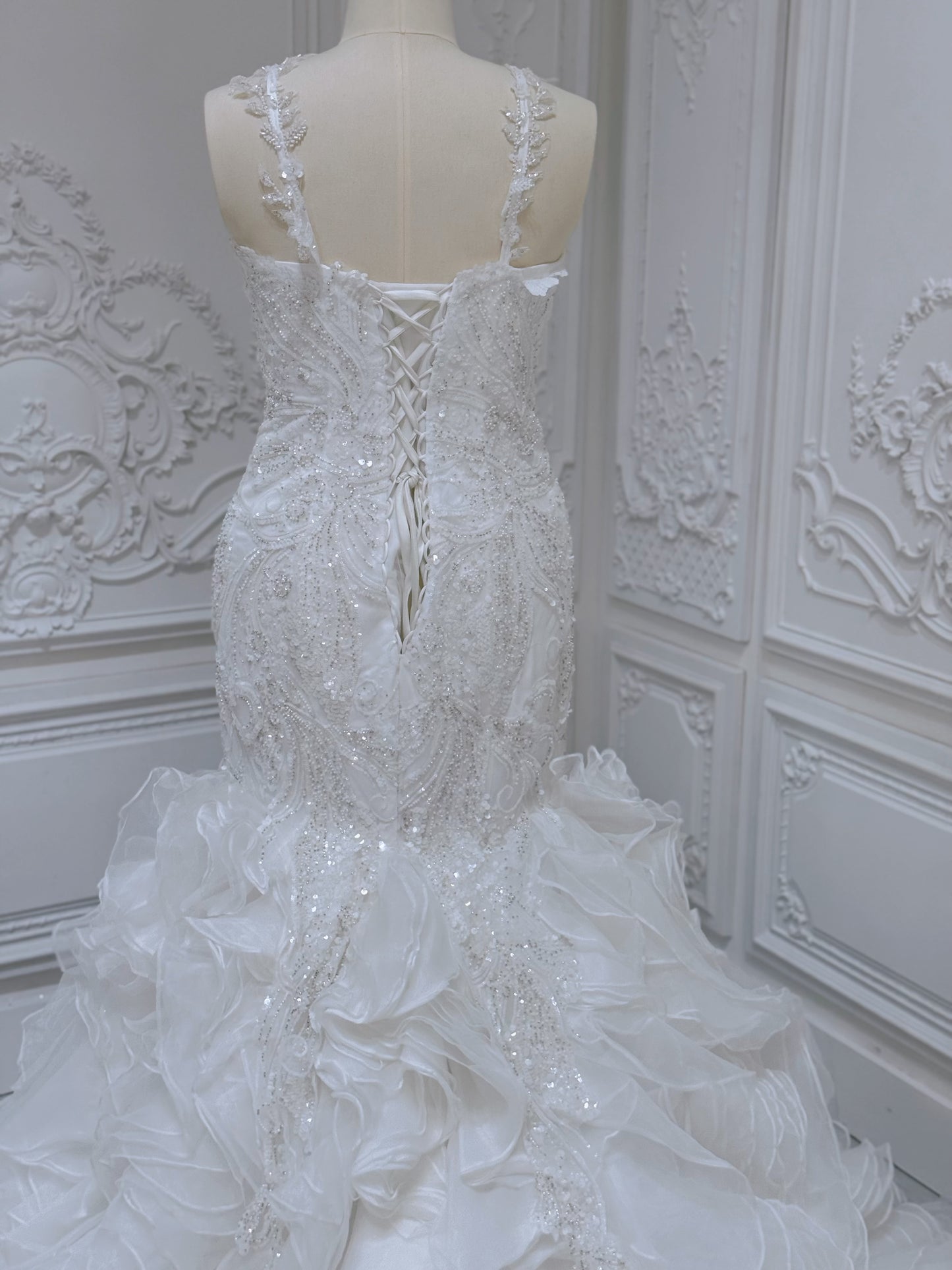 Stock Clearance! Bridal size 14! Custom-made beading lace sweetheart mermaid wedding dress with ruffled skirt