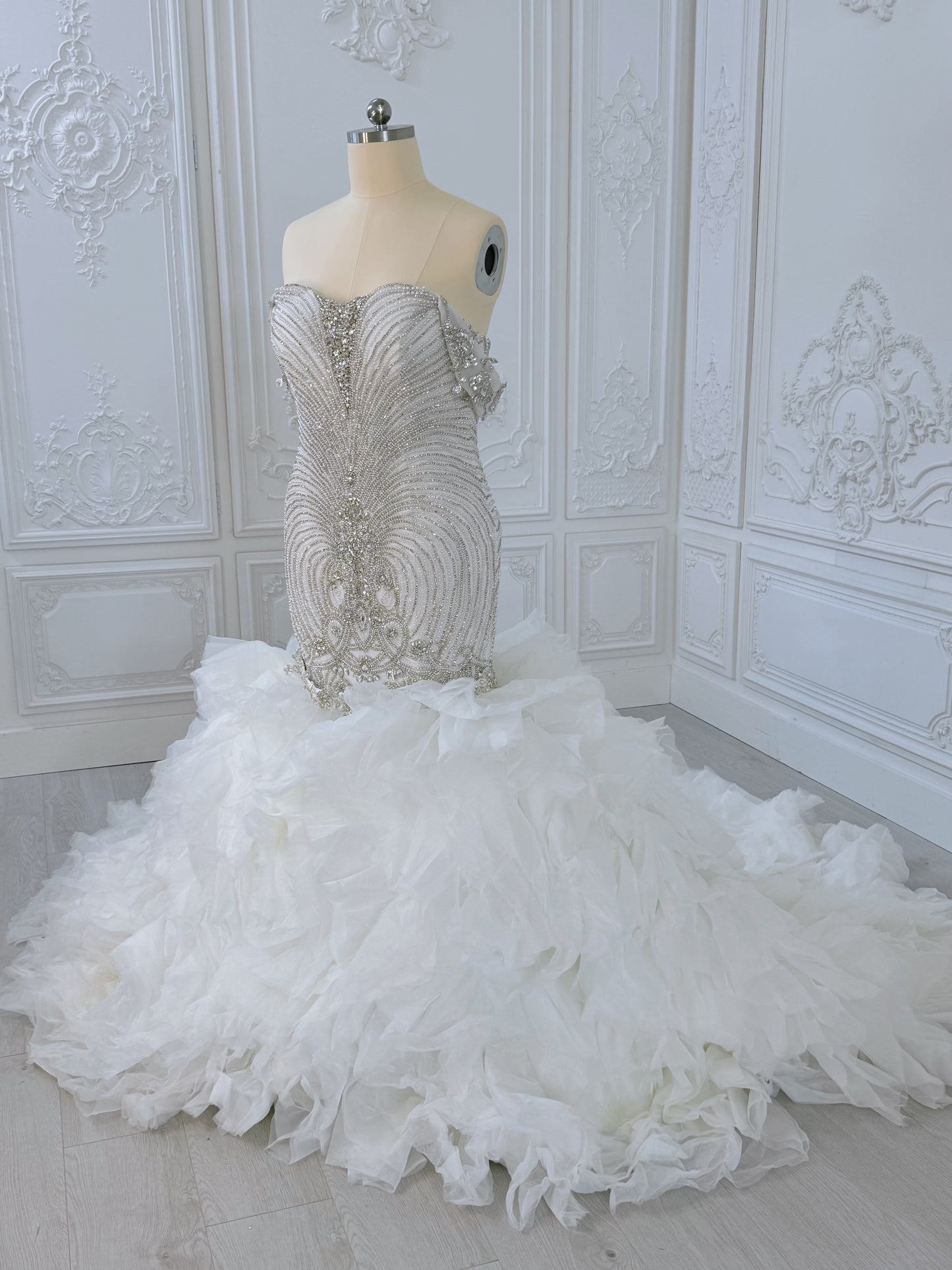 TBC-2IN1-003 Luxury crystal pearl beaded off the shoulder mermaid wedding dress with detachable ruffled skirt